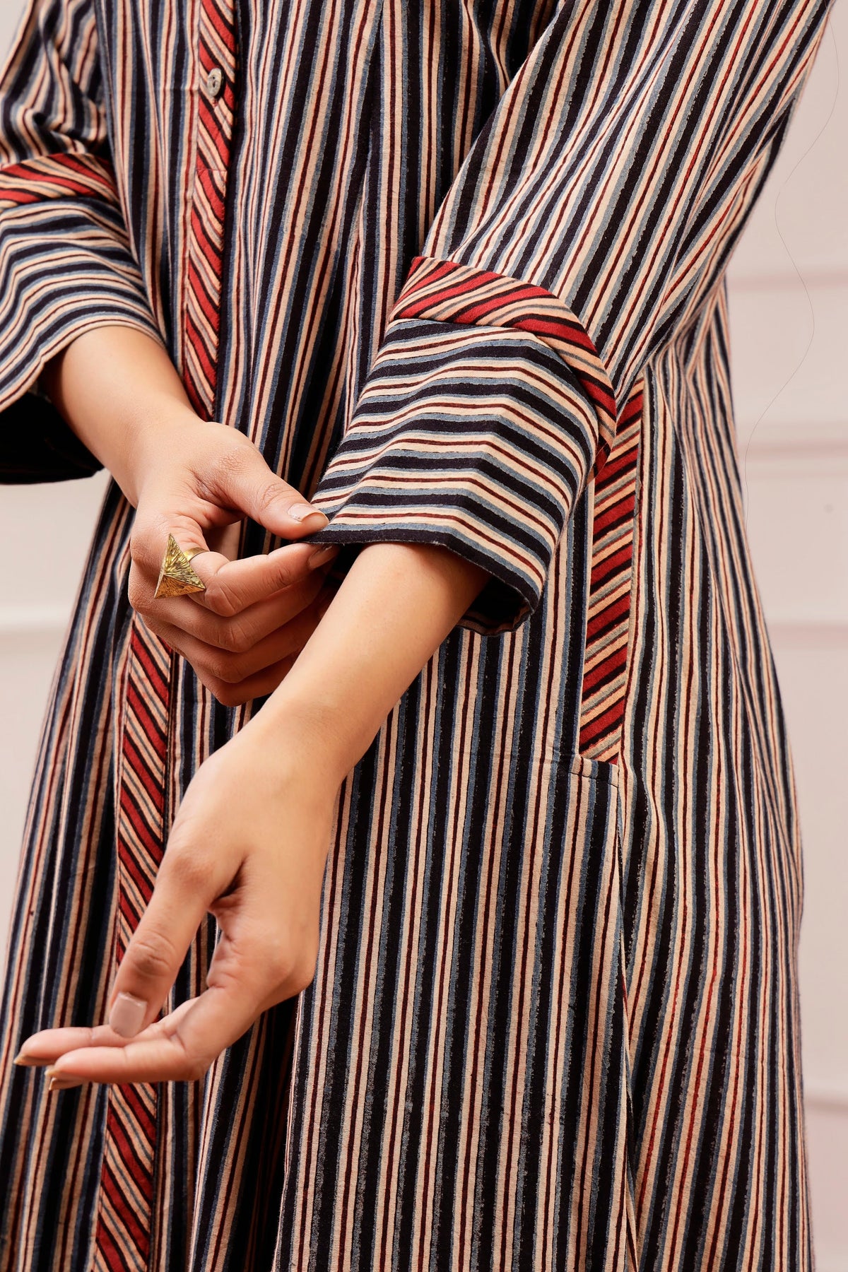 Signature Cut Ajrakh Stripe V-Neck Midi Dress