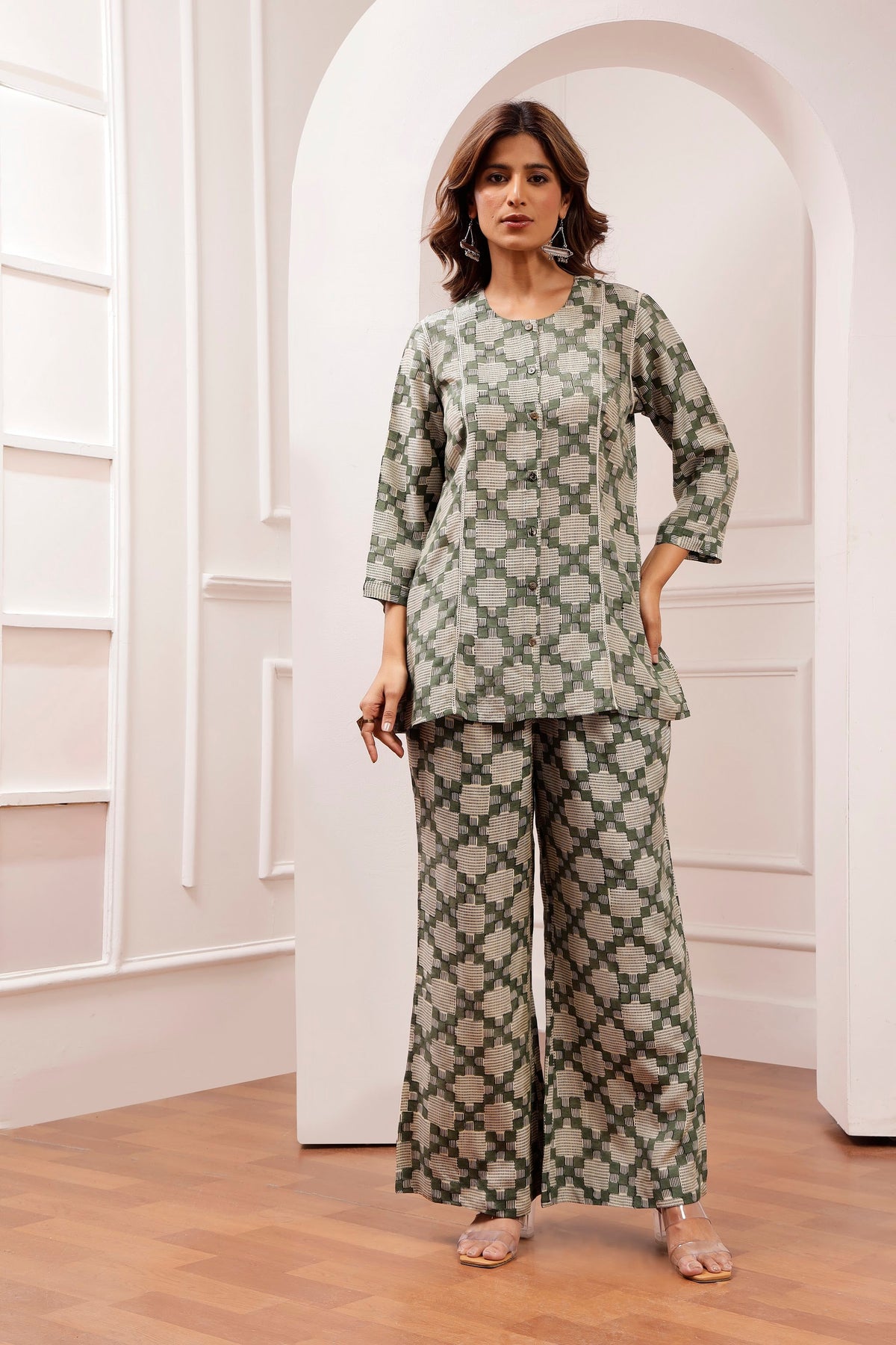 Sage Geometric Bagru Print Muslin Co-ord Set