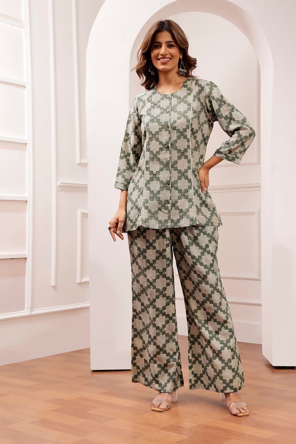 Sage Geometric Bagru Print Muslin Co-ord Set