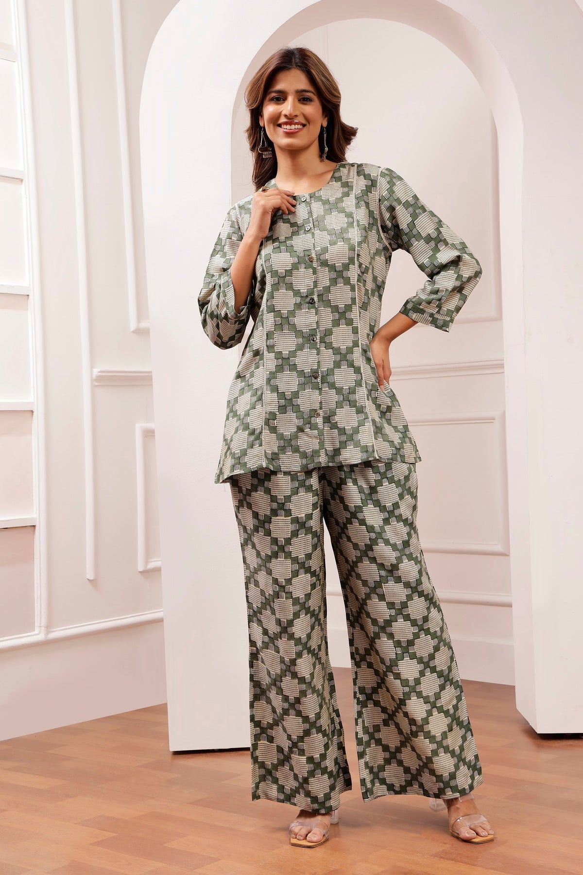 Sage Geometric Bagru Print Muslin Co-ord Set
