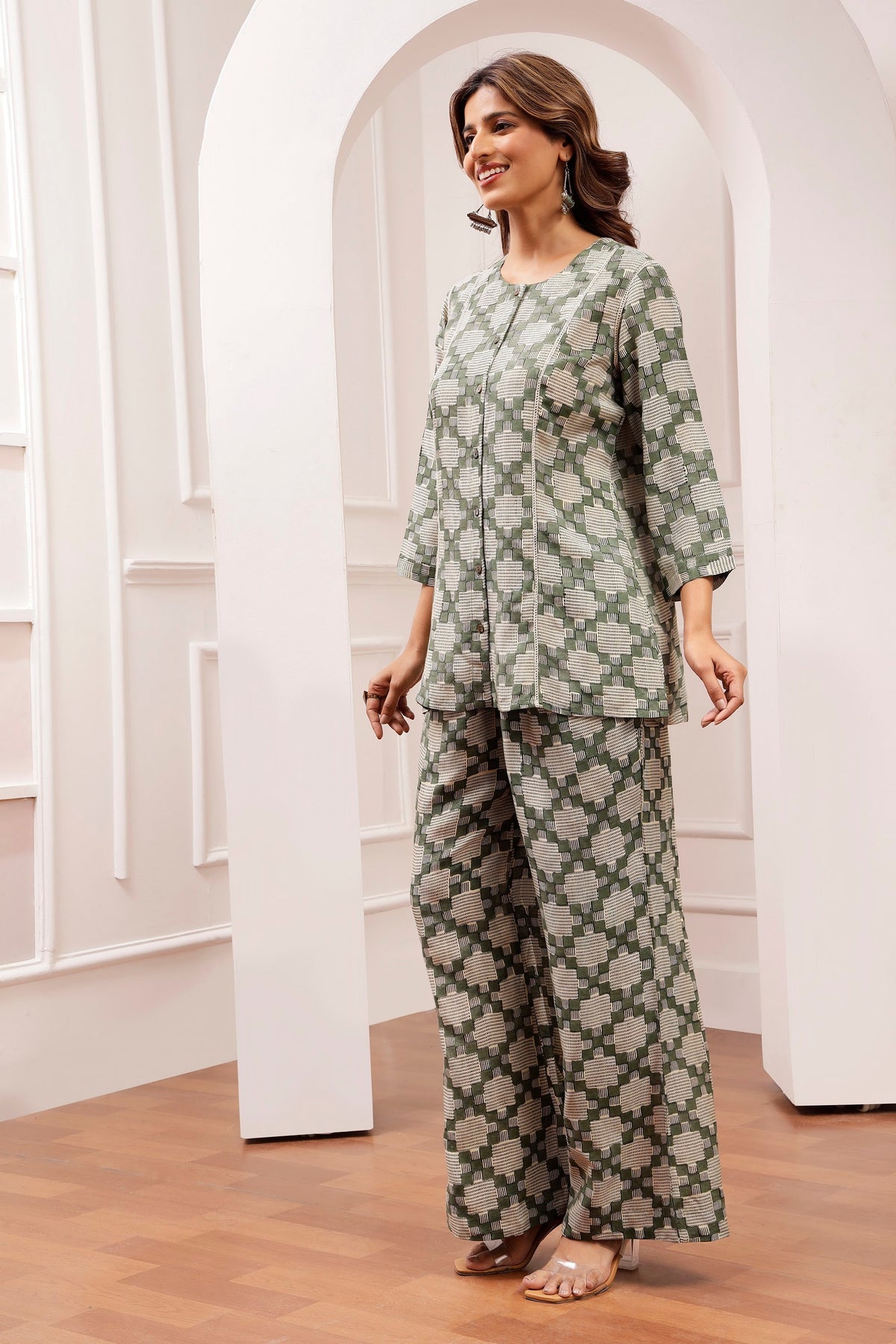 Sage Geometric Bagru Print Muslin Co-ord Set