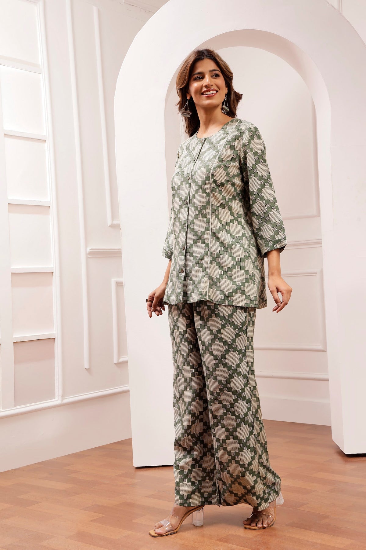 Sage Geometric Bagru Print Muslin Co-ord Set