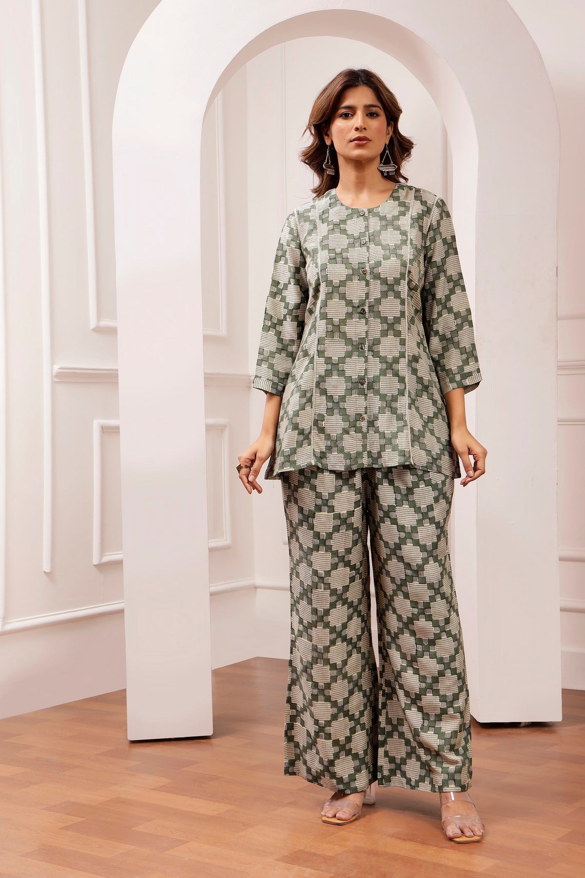 Sage Geometric Bagru Print Muslin Co-ord Set