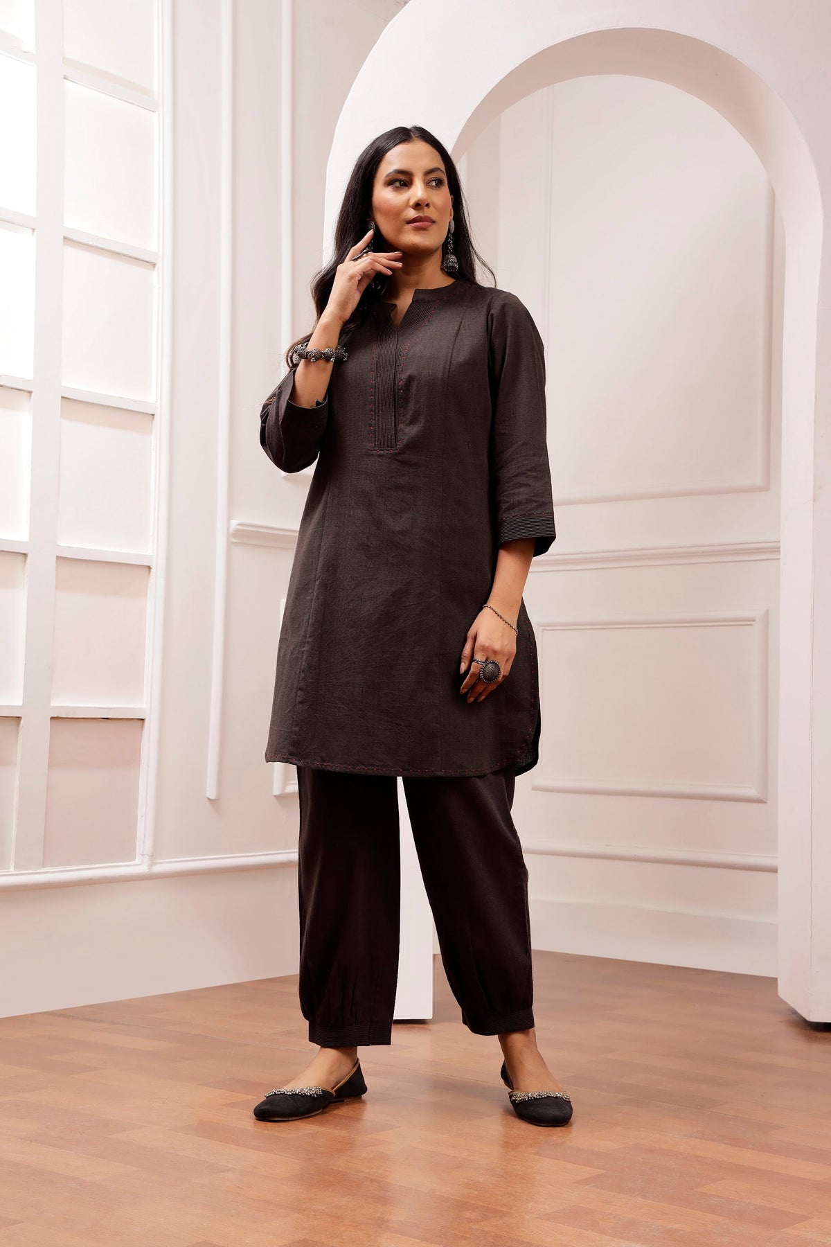 Charcoal Handwoven Cotton Tunic & Salwar Co-ord Set