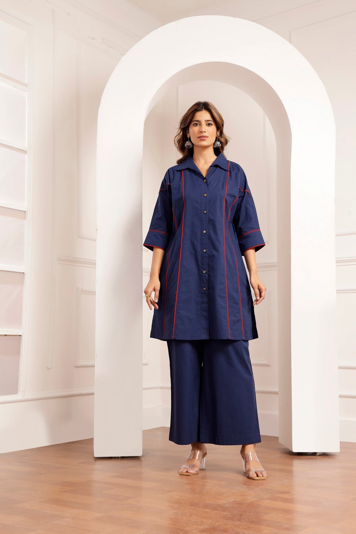 Navy Poplin Shirt Tunic & Wide-Leg Pants Set