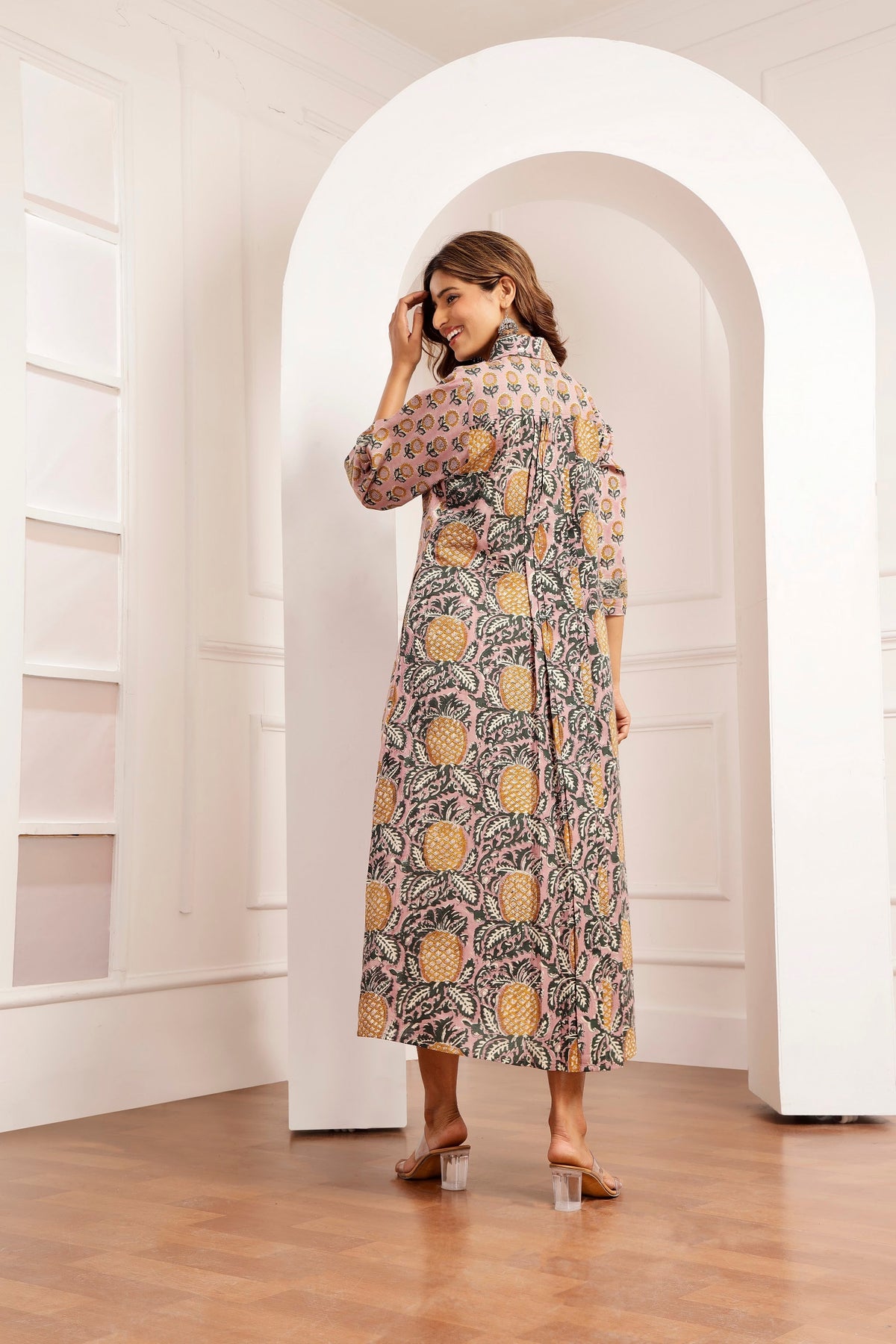 Mauve Sunflower & Pineapple Handblock Printed Panel Dress