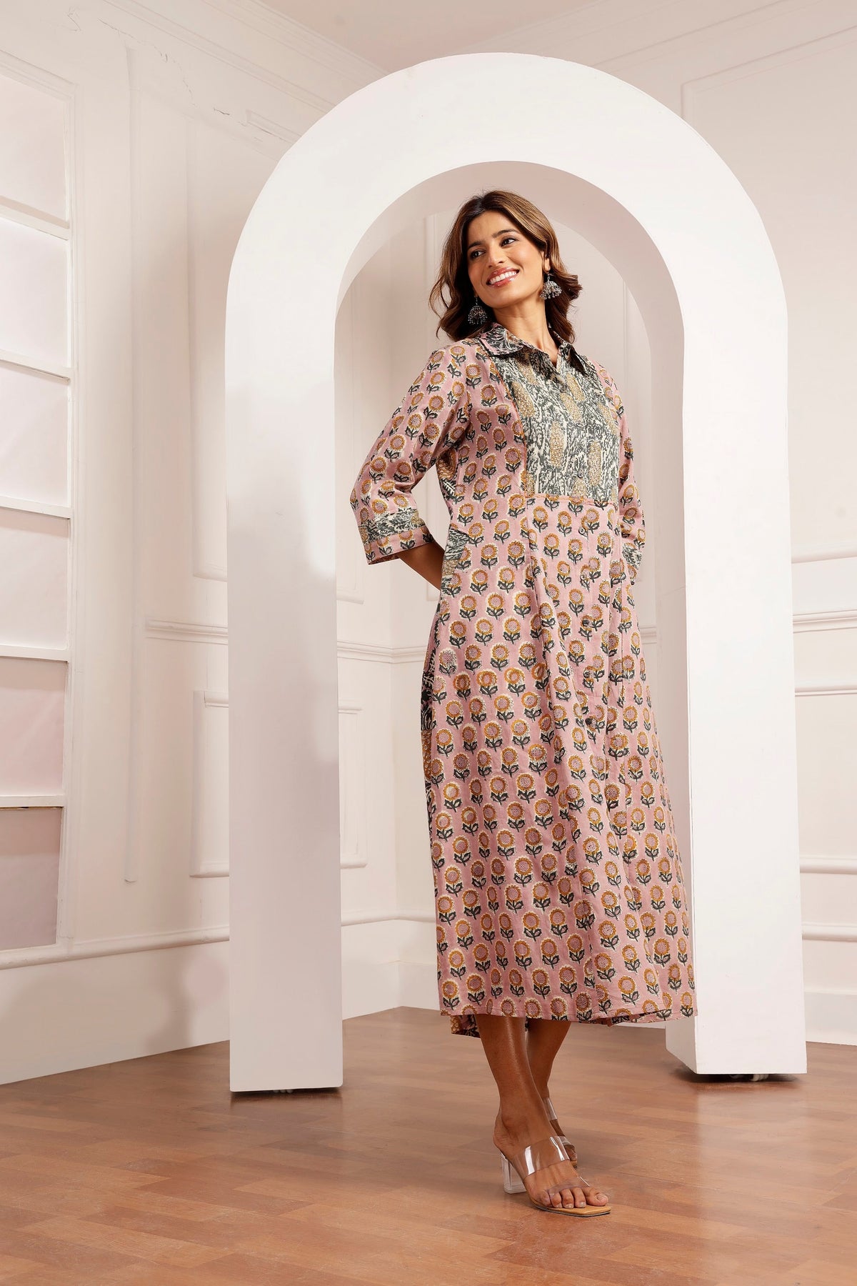 Mauve Sunflower & Pineapple Handblock Printed Panel Dress