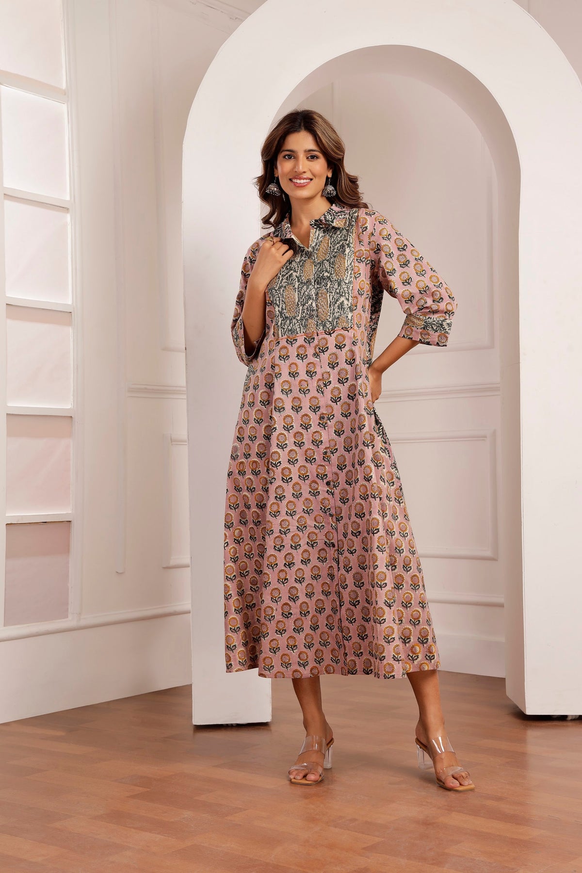 Mauve Sunflower & Pineapple Handblock Printed Panel Dress