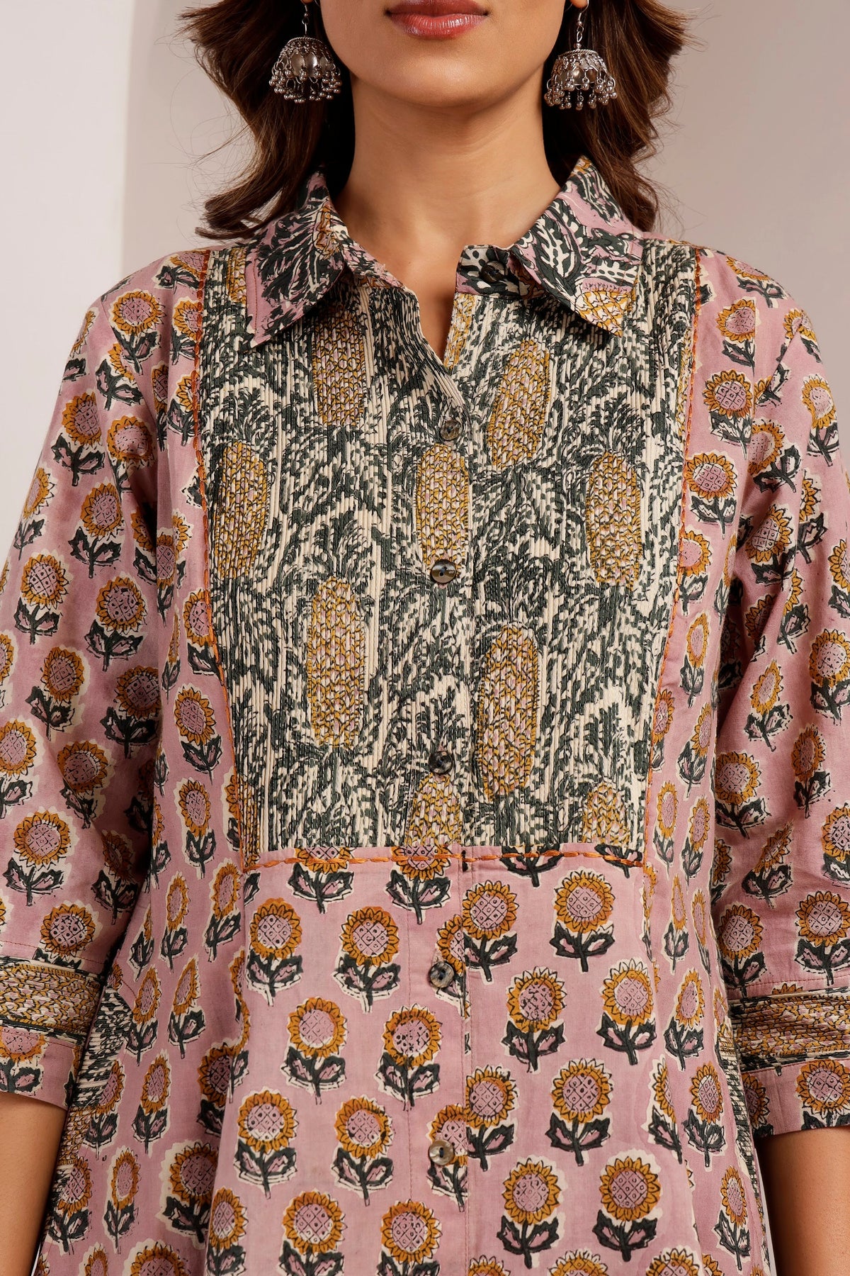 Mauve Sunflower & Pineapple Handblock Printed Panel Dress