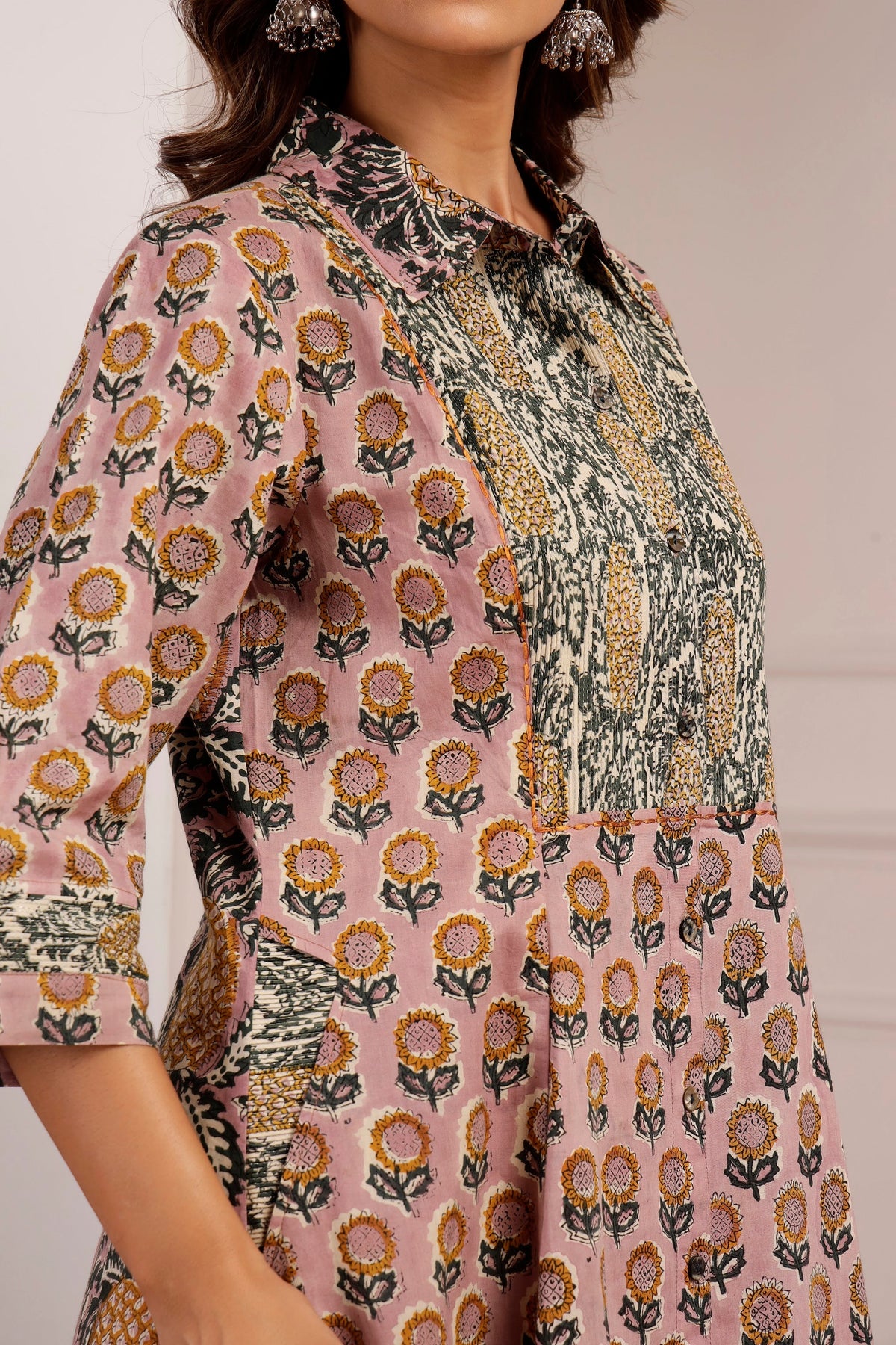 Mauve Sunflower & Pineapple Handblock Printed Panel Dress