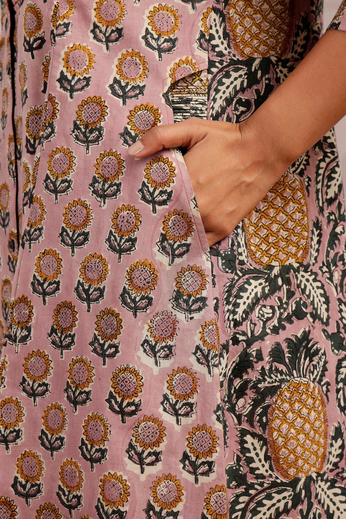 Mauve Sunflower & Pineapple Handblock Printed Panel Dress
