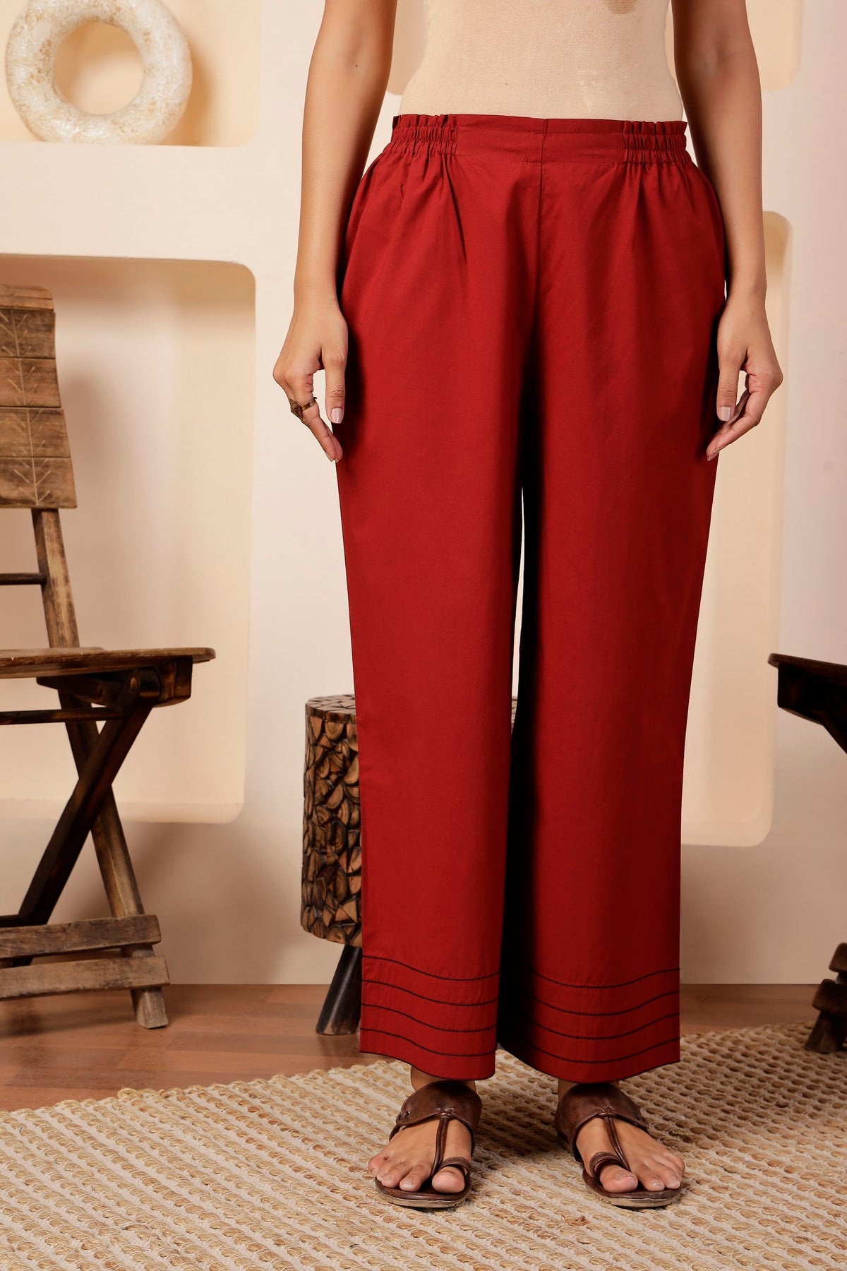 Brick Red Poplin Co-ord Set with Sequin Flower Cutouts