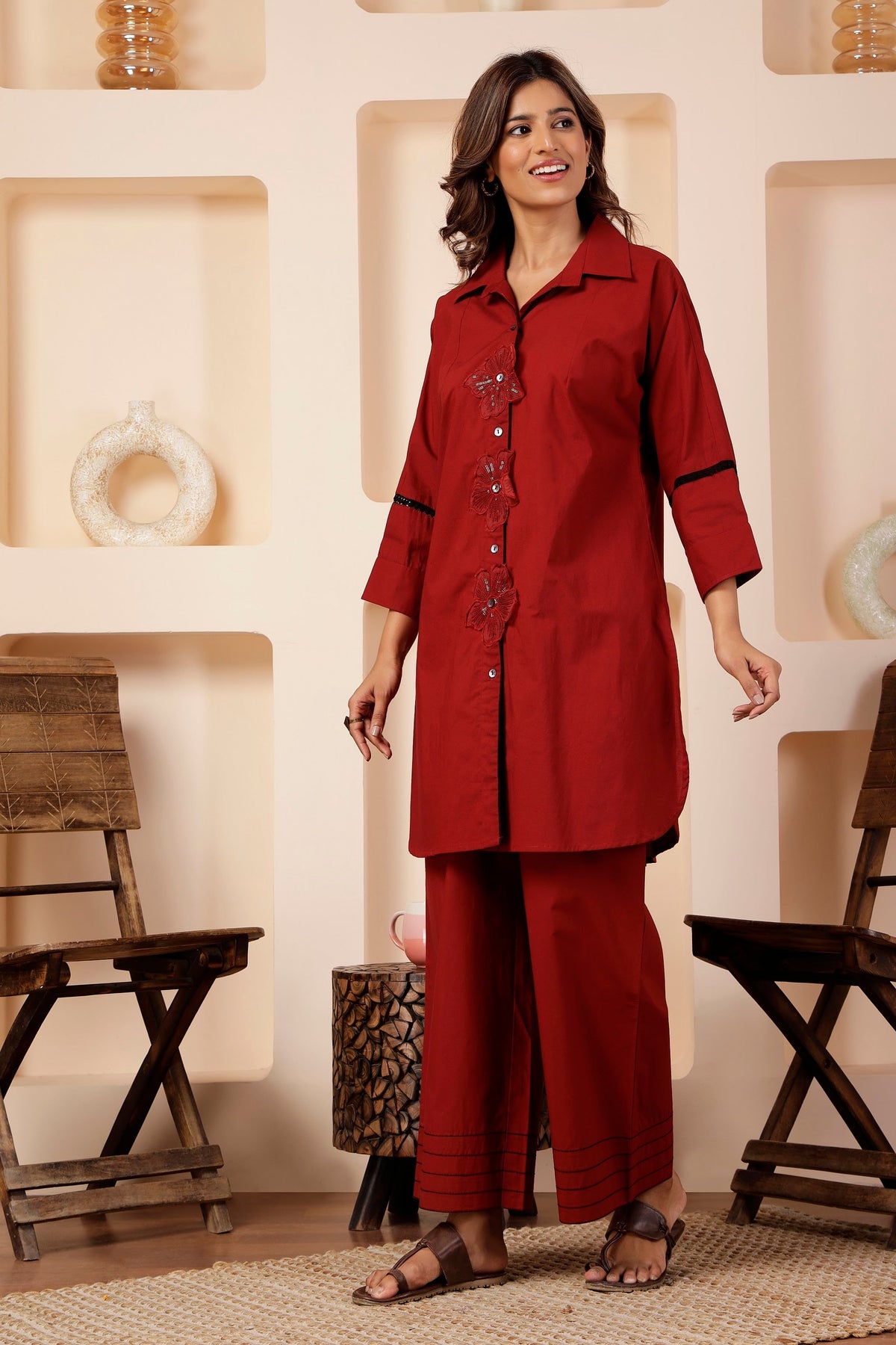 Brick Red Poplin Co-ord Set with Sequin Flower Cutouts