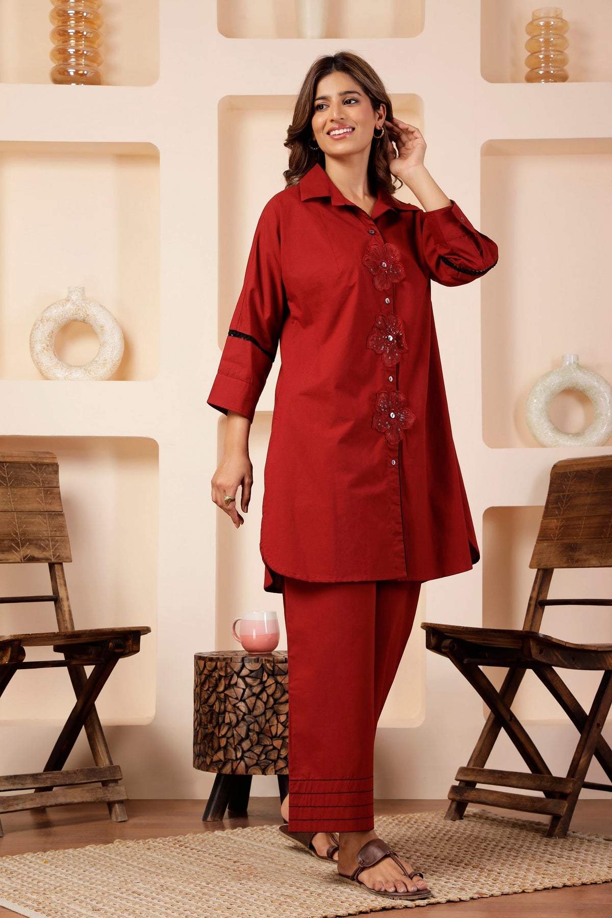 Brick Red Poplin Co-ord Set with Sequin Flower Cutouts