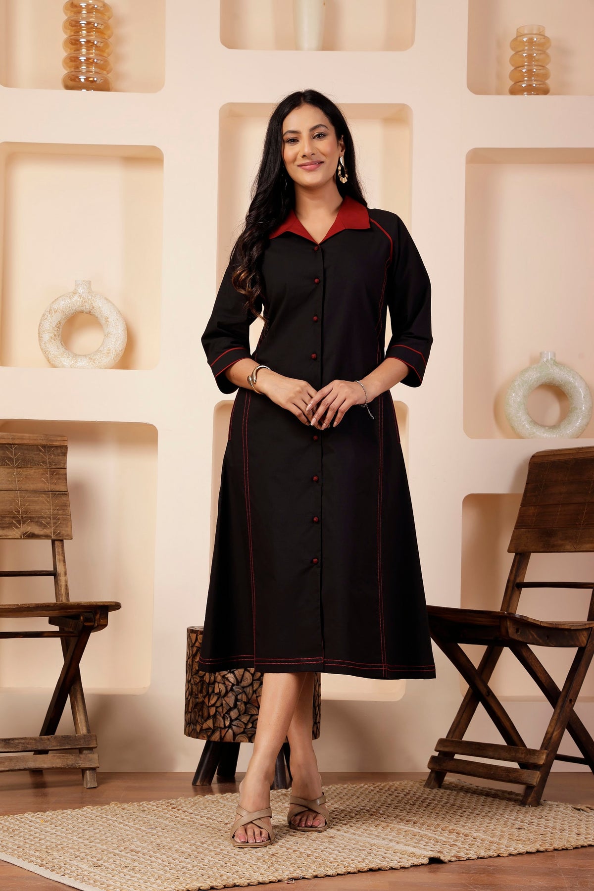 Onyx Black Poplin A-Line Front-Open Dress