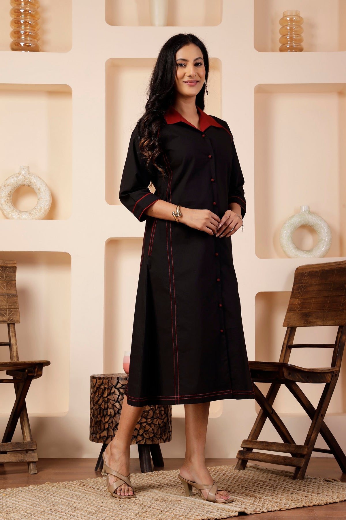 Onyx Black Poplin A-Line Front-Open Dress