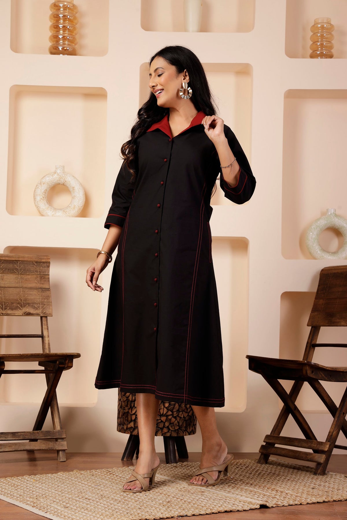 Onyx Black Poplin A-Line Front-Open Dress