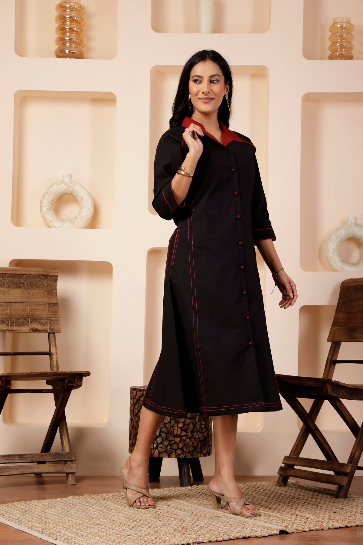 Onyx Black Poplin A-Line Front-Open Dress