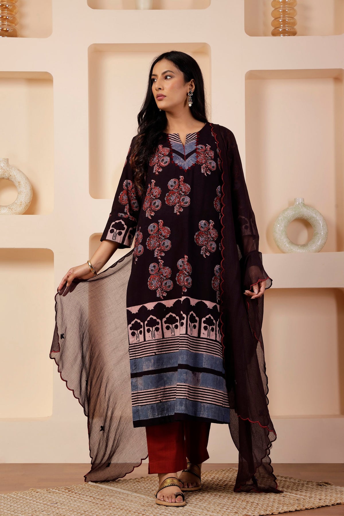 Plum-Espresso Ajrakh Placement Print 3-Piece Salwar Suit Set