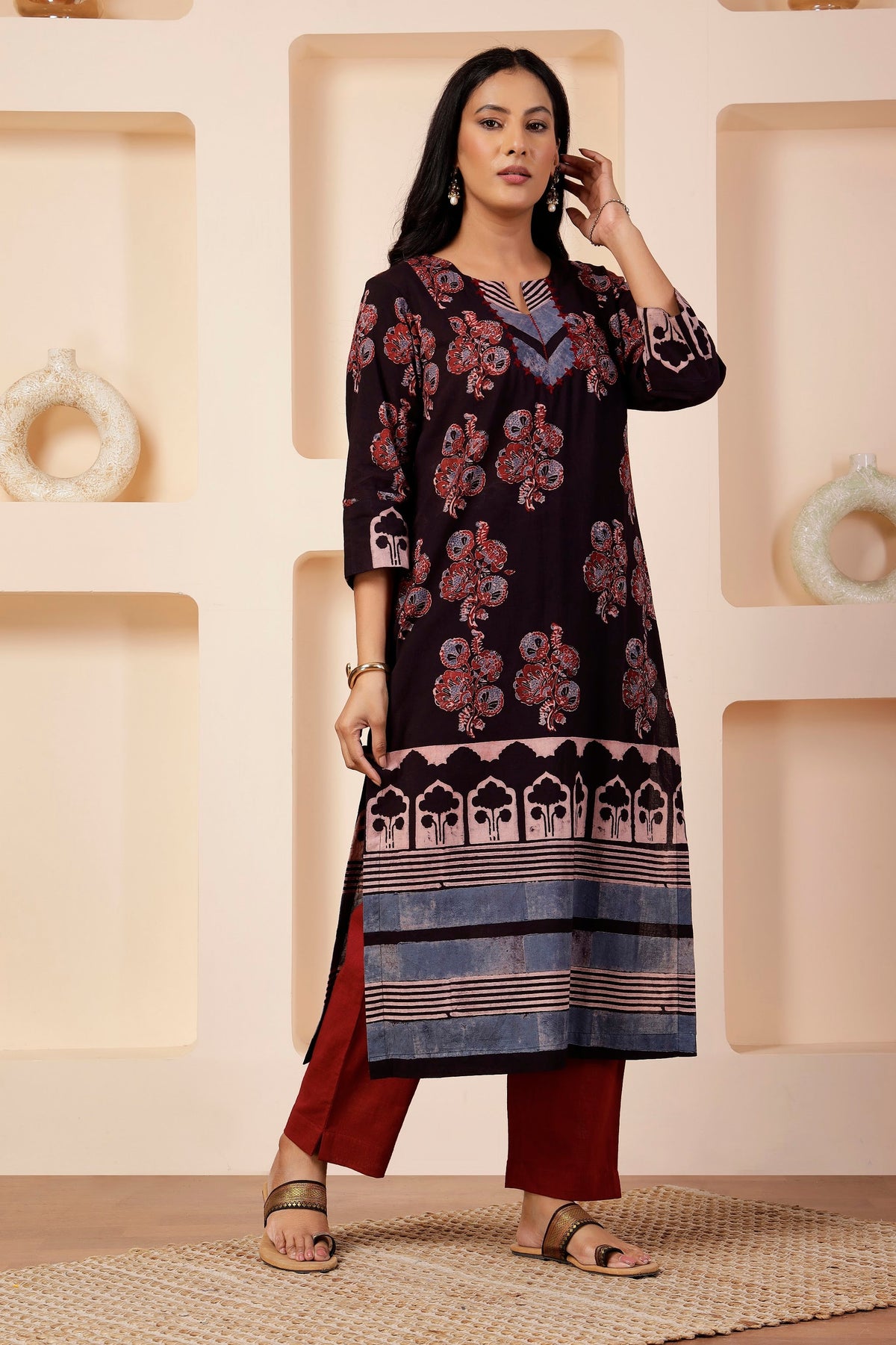 Espresso & Indigo Ajrakh Placement Print Kurta Set
