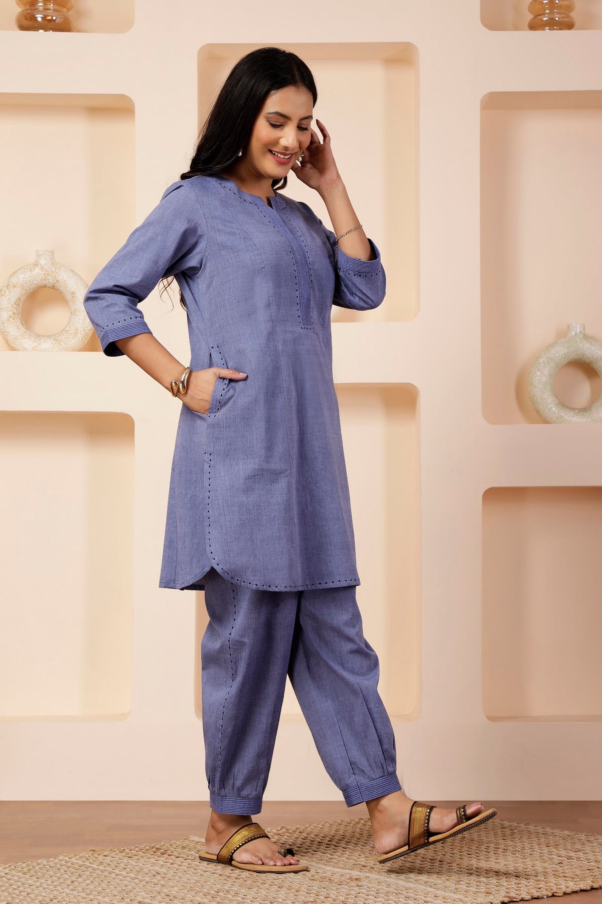 Lavender Blue Shot Cotton Tunic & Salwar Pant Set