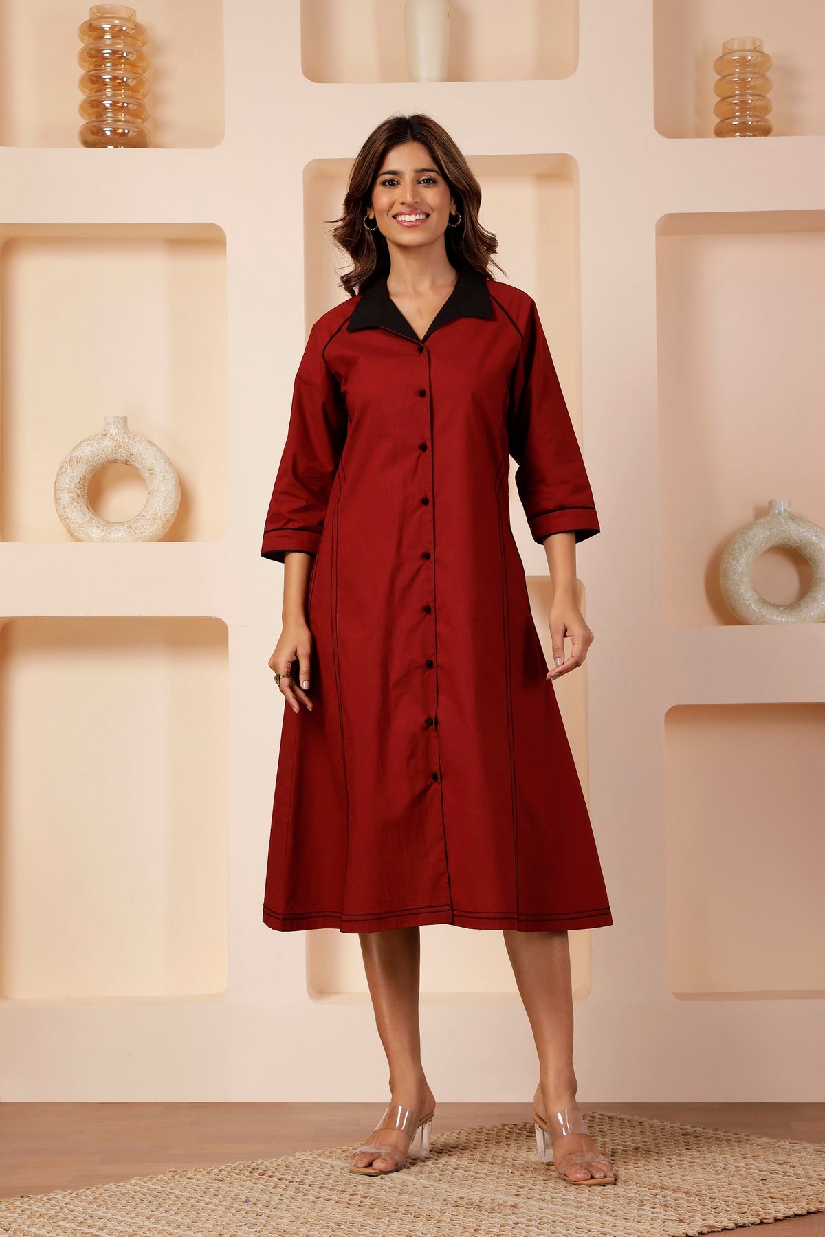 Terracotta Red Poplin A-Line Front-Open Dress