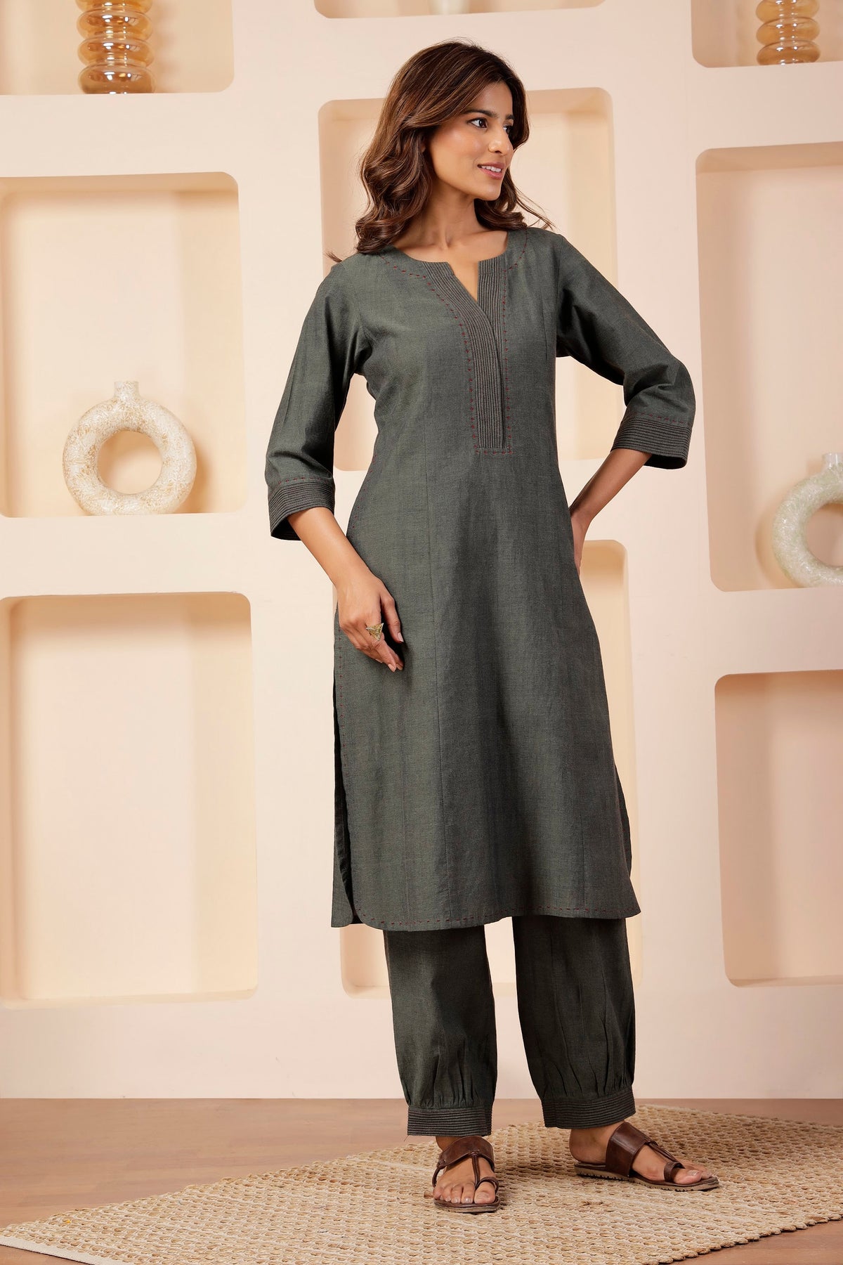 Olive-Grey Handspun Long Tunic Set with Crimson Micro-Embroidery