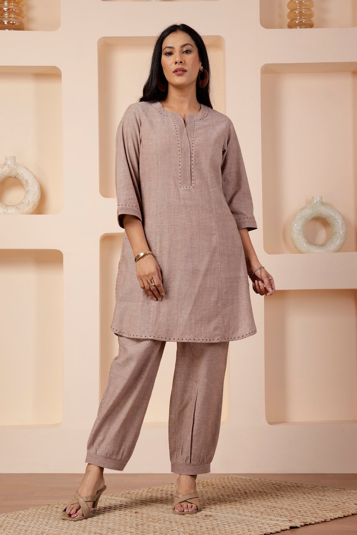 Taupe Handwoven Cotton Mid-Length Tunic & Salwar Co-ord Set