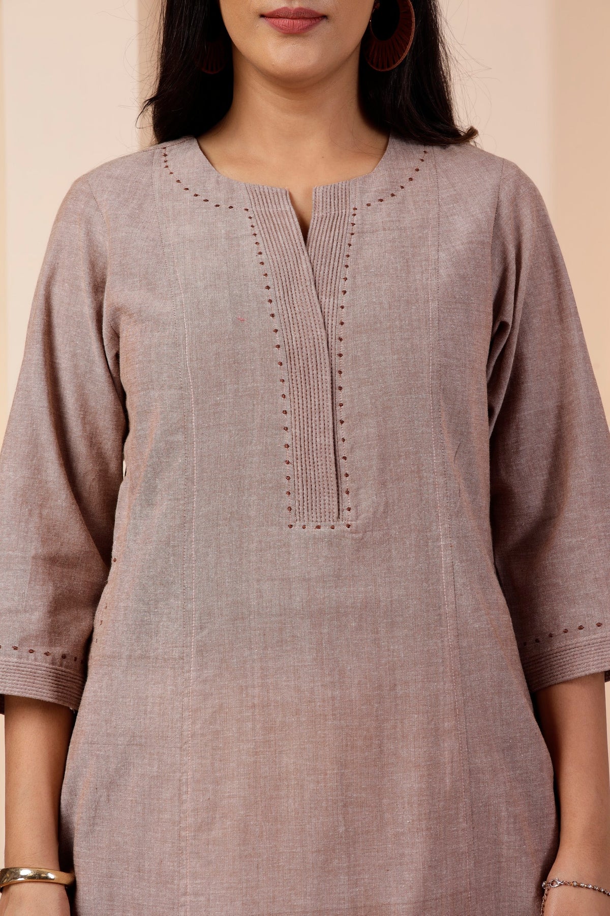 Taupe Handwoven Cotton Mid-Length Tunic & Salwar Co-ord Set