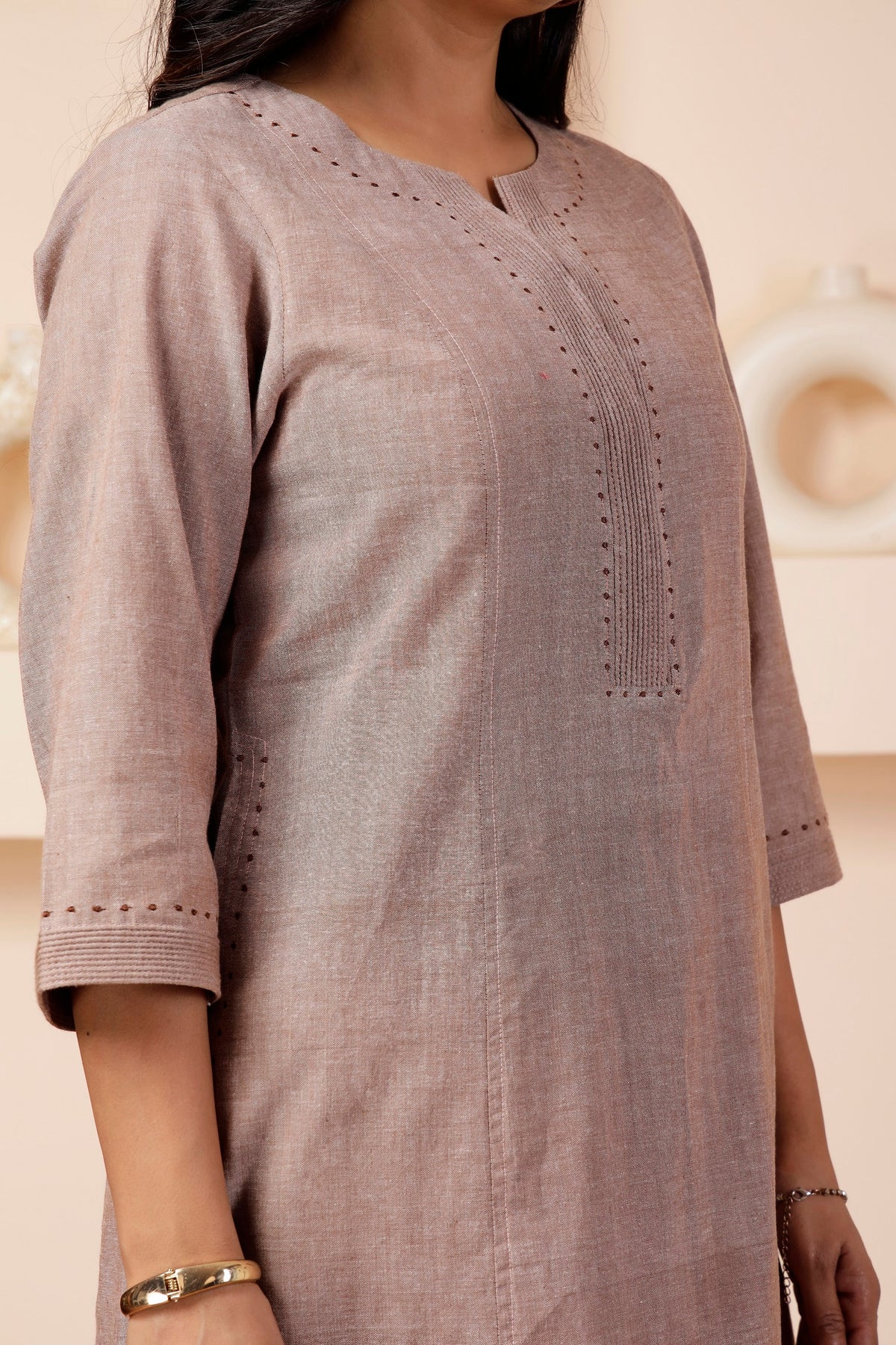 Taupe Handwoven Cotton Mid-Length Tunic & Salwar Co-ord Set