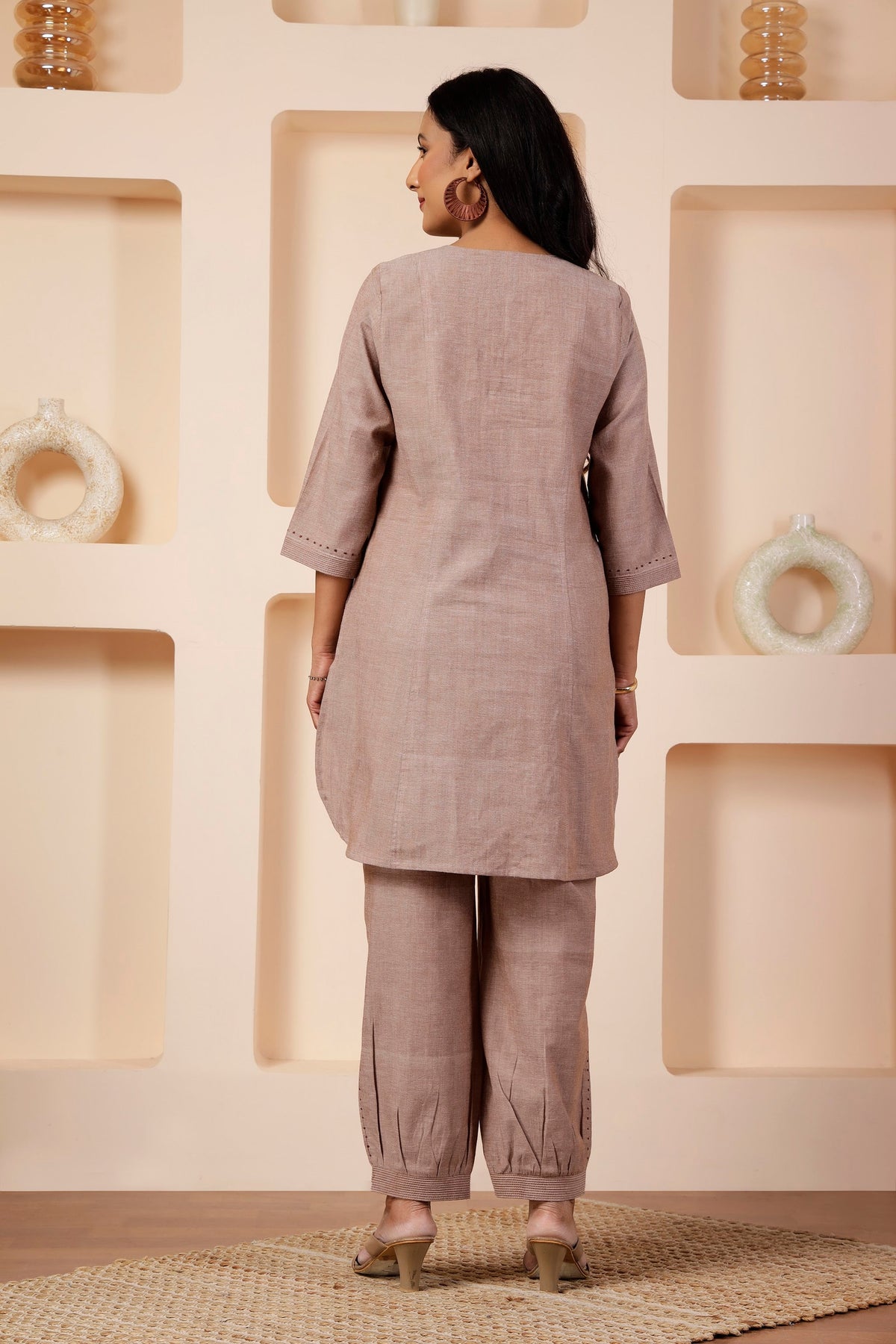 Taupe Handwoven Cotton Mid-Length Tunic & Salwar Co-ord Set