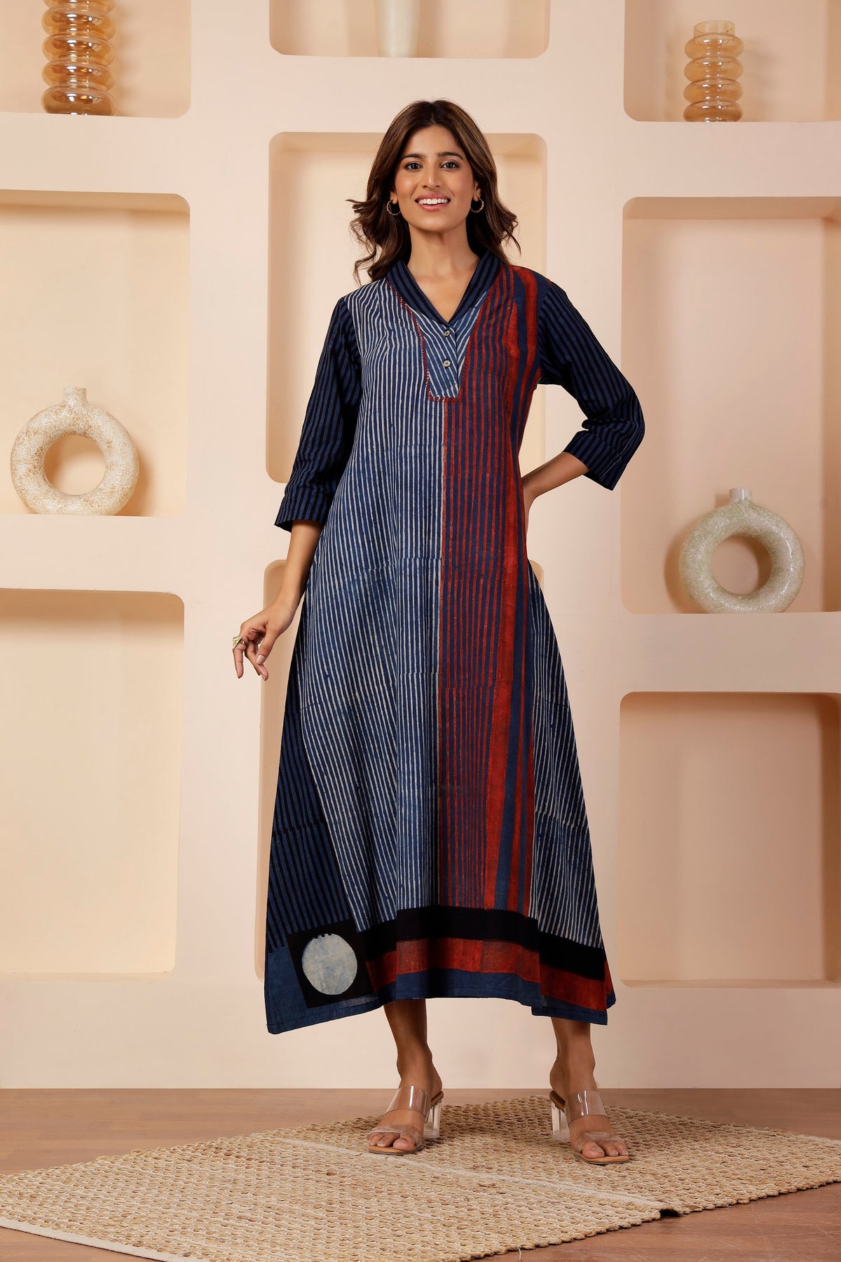 Indigo Linear Ajrakh Placement Print A-Line Dress