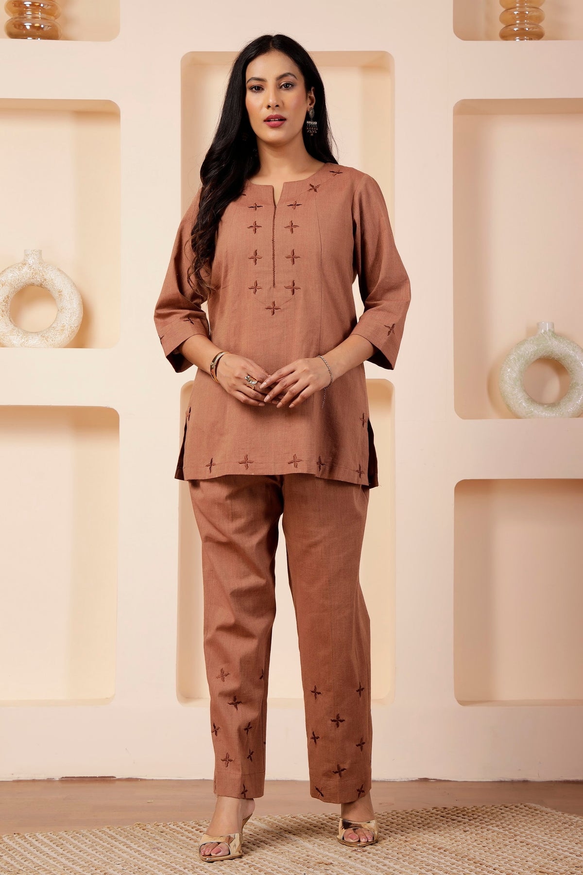 Clay brown Handwoven Cotton Short Tunic Co-ord Set