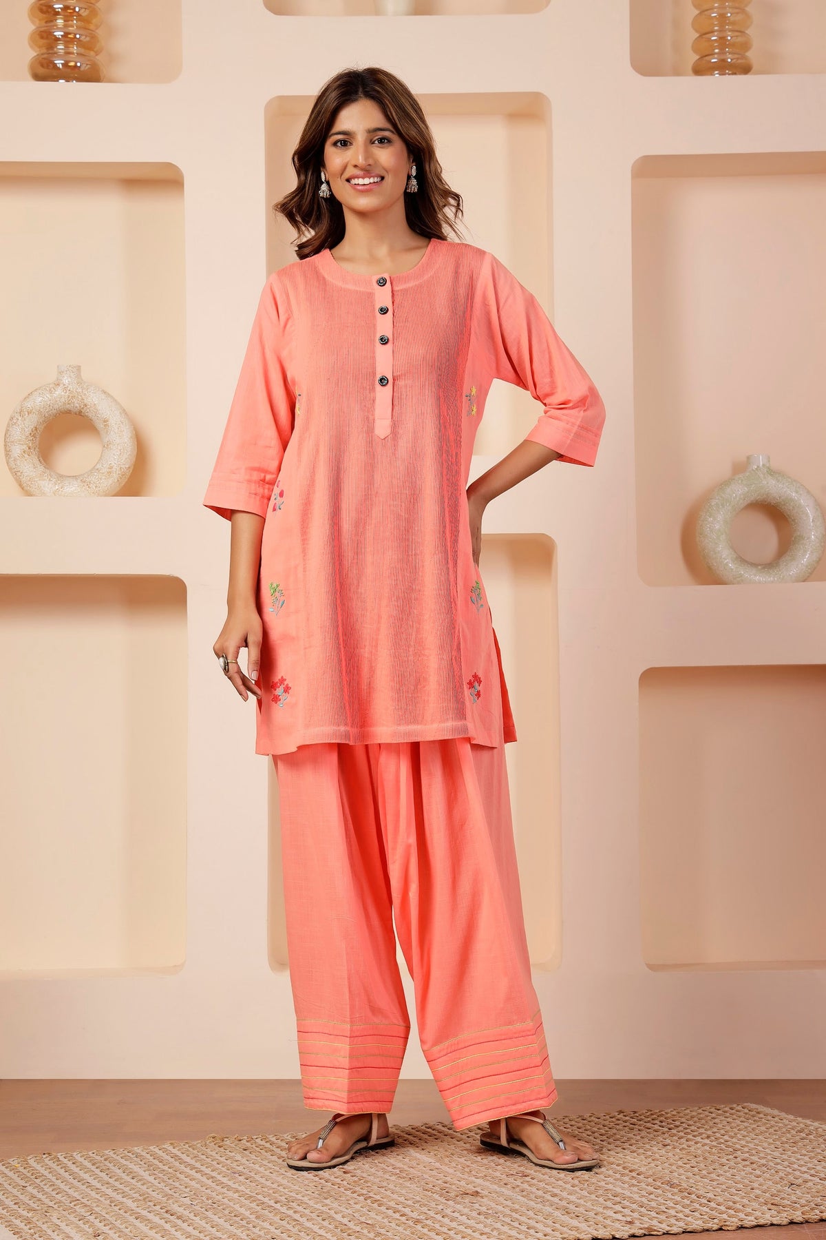 Coral Peach Pintuck Muslin Farshi Salwar Co-ord Set