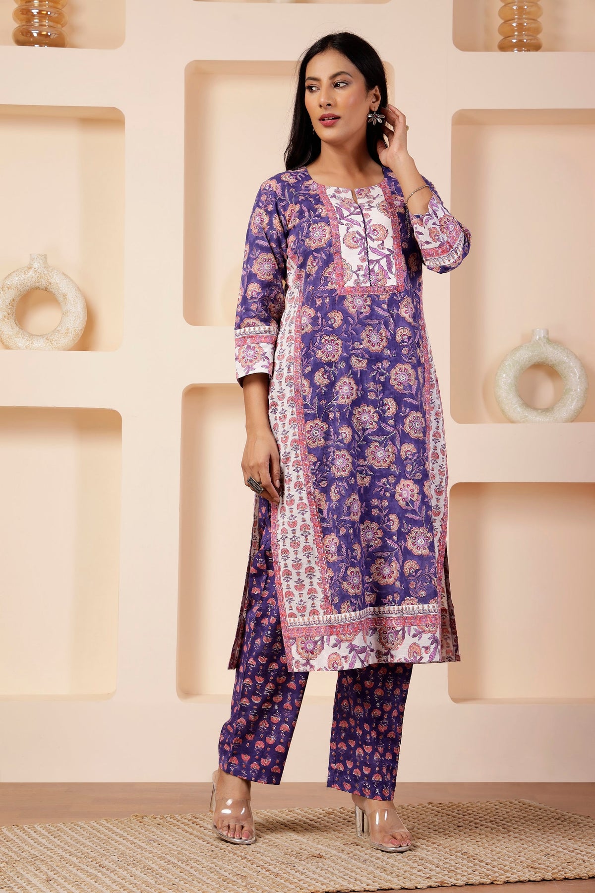 Royal Violet Hand-Block Print Placement Kurta