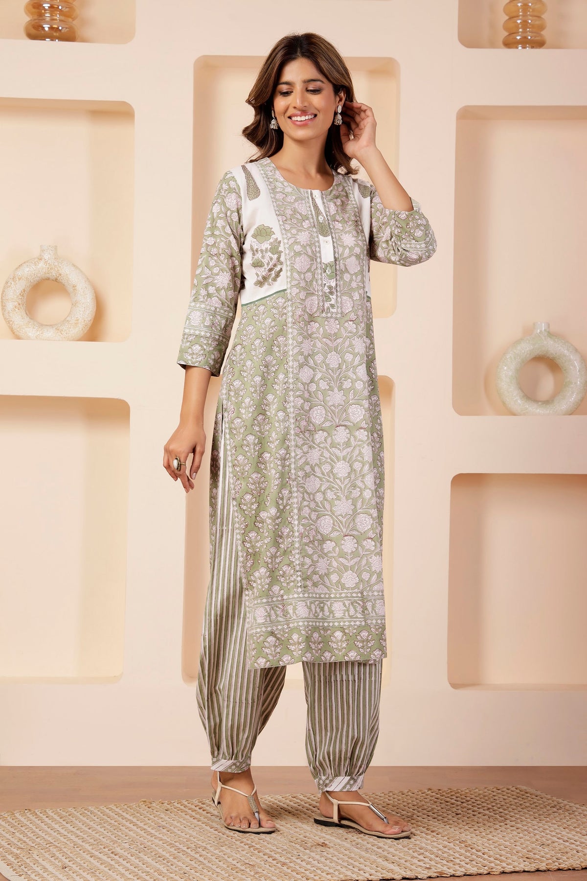 Sage Green Handblock Print Shoulder-Motif Kurta