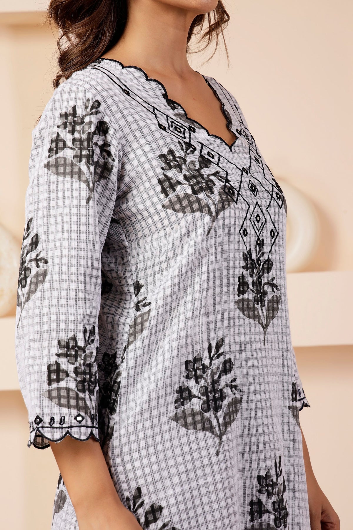 Jaipur Hand-Block Print Kota Cotton Kurta with Cutwork Yoke