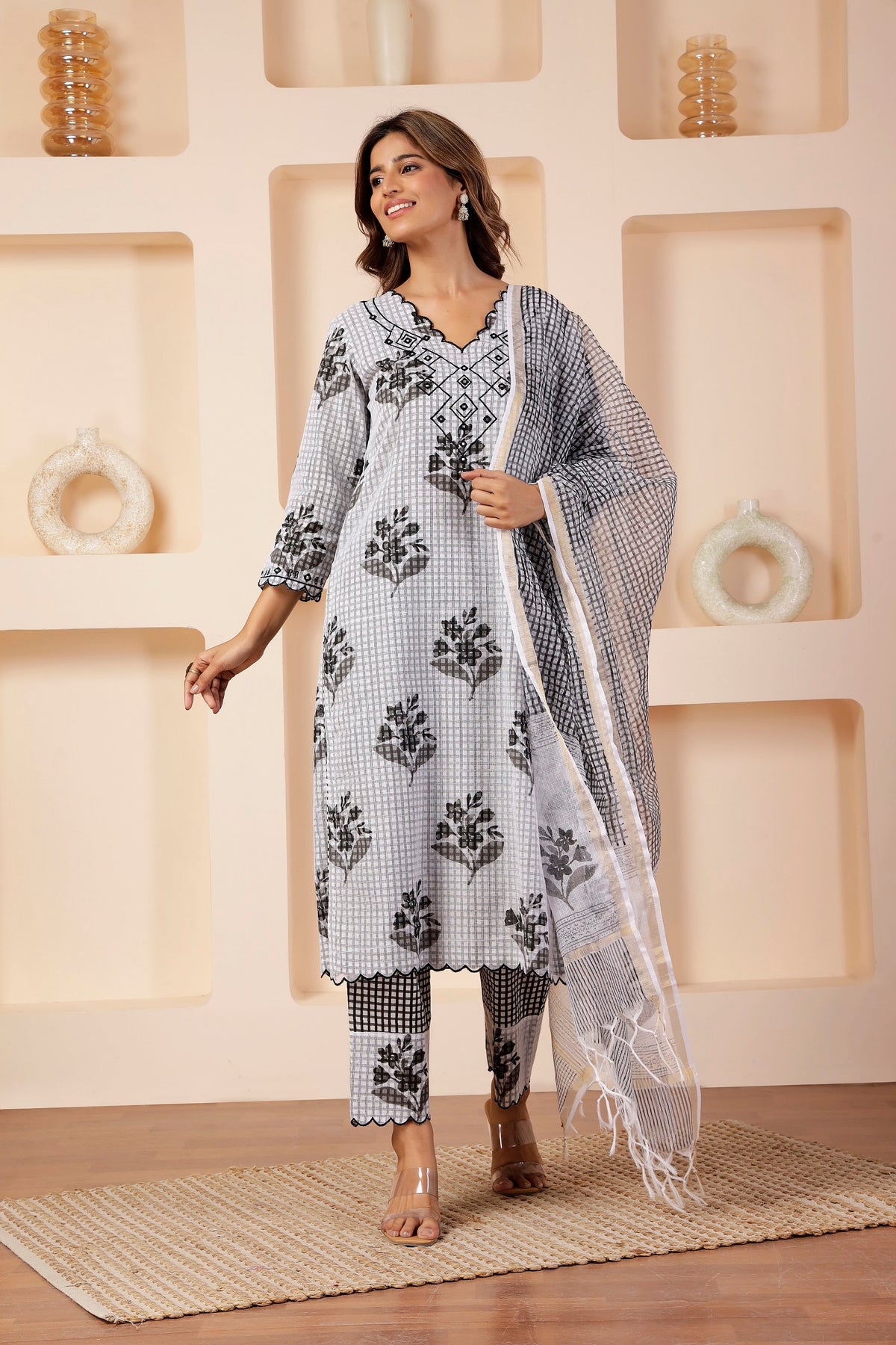 Monochrome Checkered Multi-Print Kota 3 Pc Suit Set