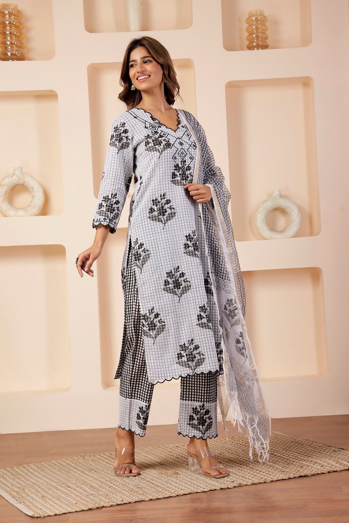 Monochrome Checkered Multi-Print Kota 3 Pc Suit Set