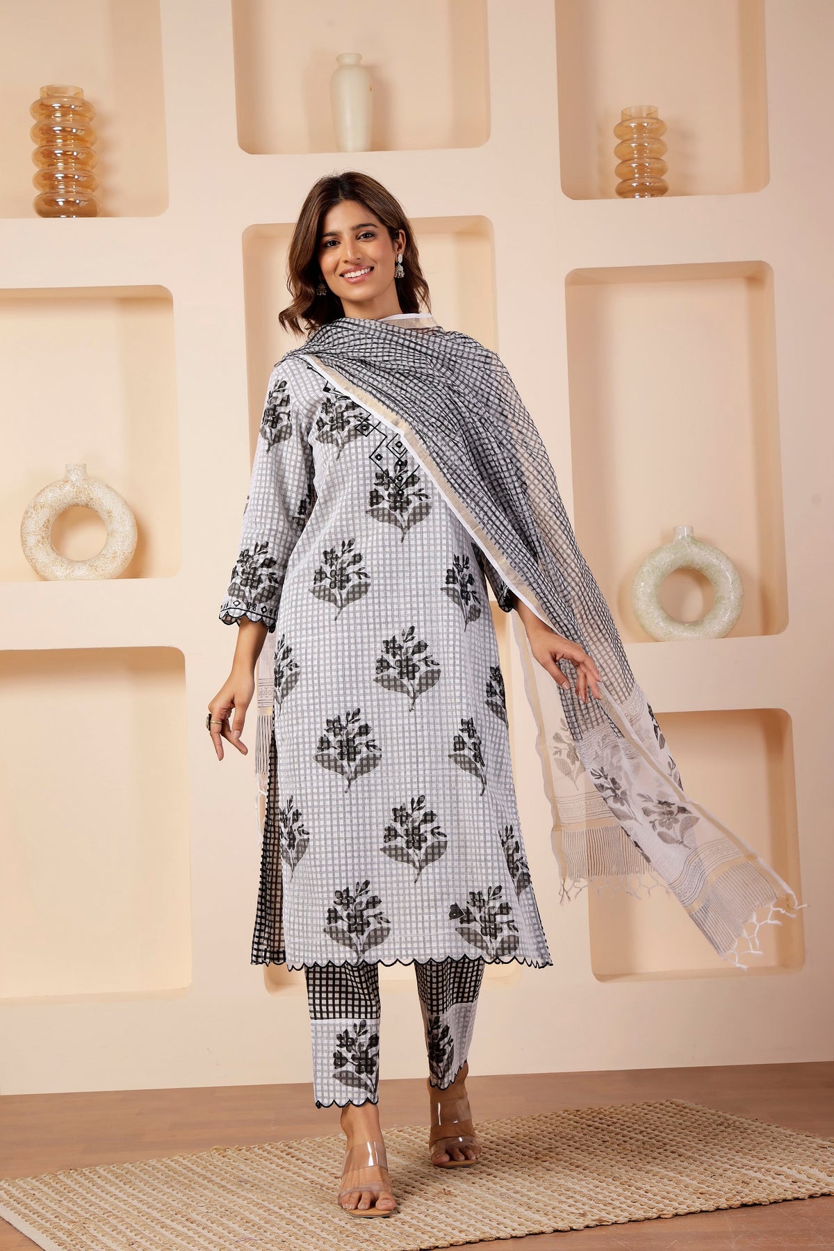 Monochrome Checkered Multi-Print Kota 3 Pc Suit Set