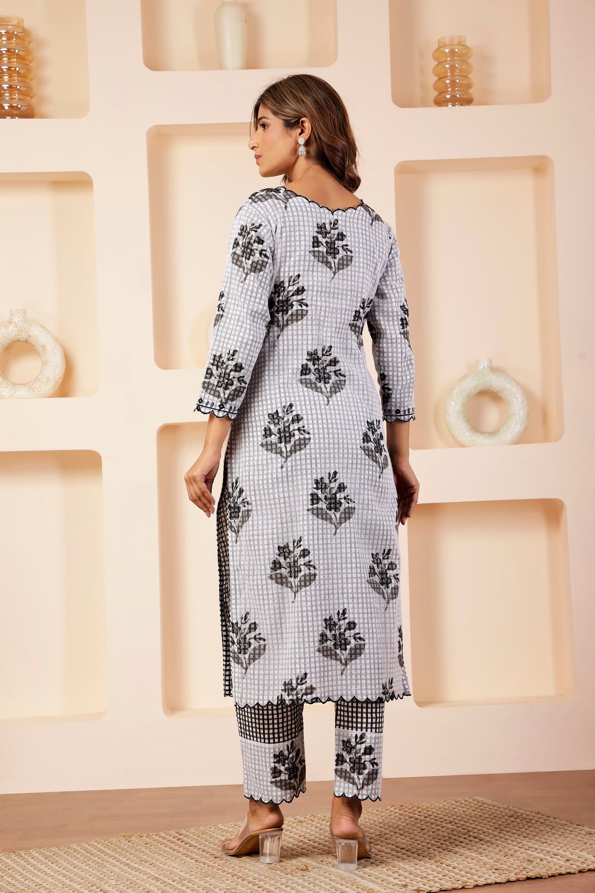 Monochrome Checkered Multi-Print Kota 3 Pc Suit Set