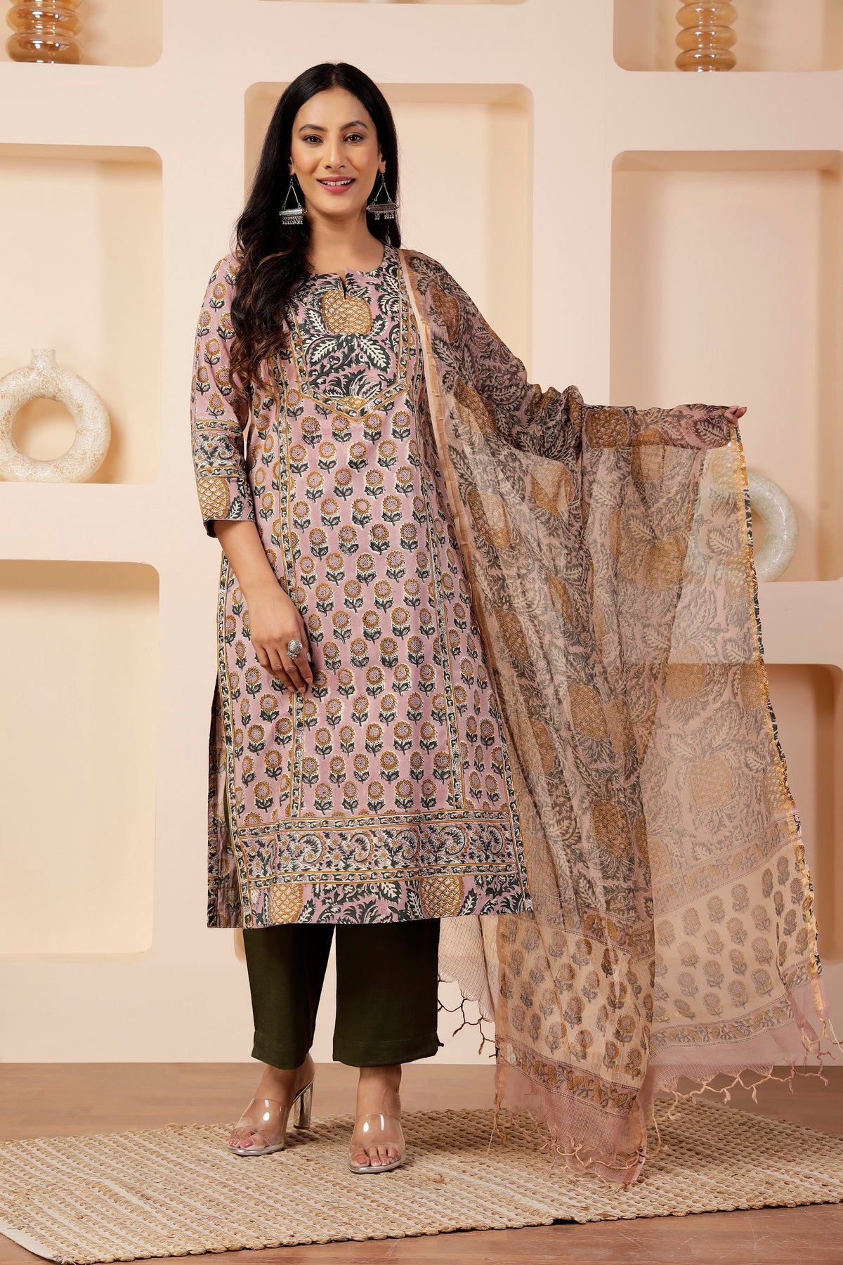 Sanganeri Hand-Block Print 3-Piece Suit Set in Mauve Pink
