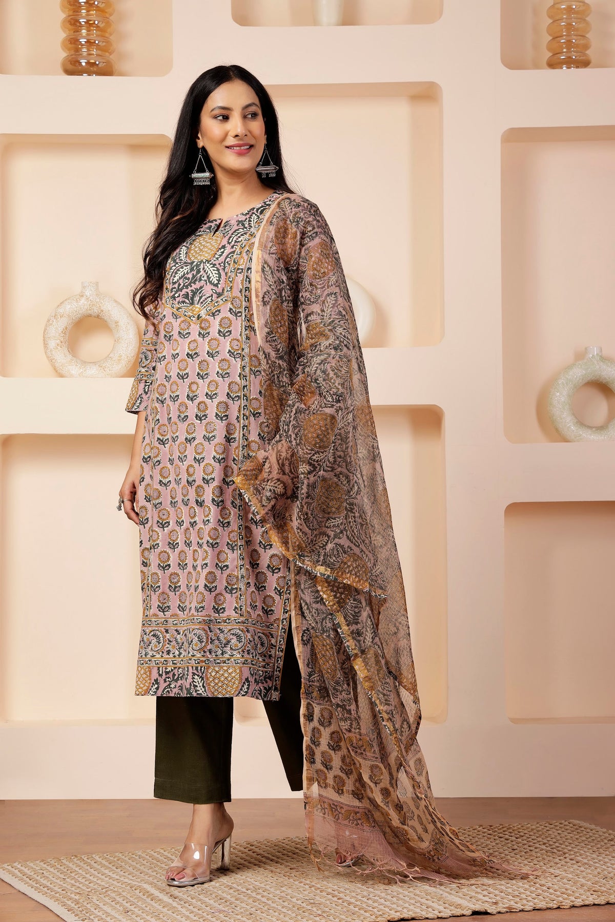 Sheer Cotton Kota Doria Dupatta in Mauve & Pineapple Prints