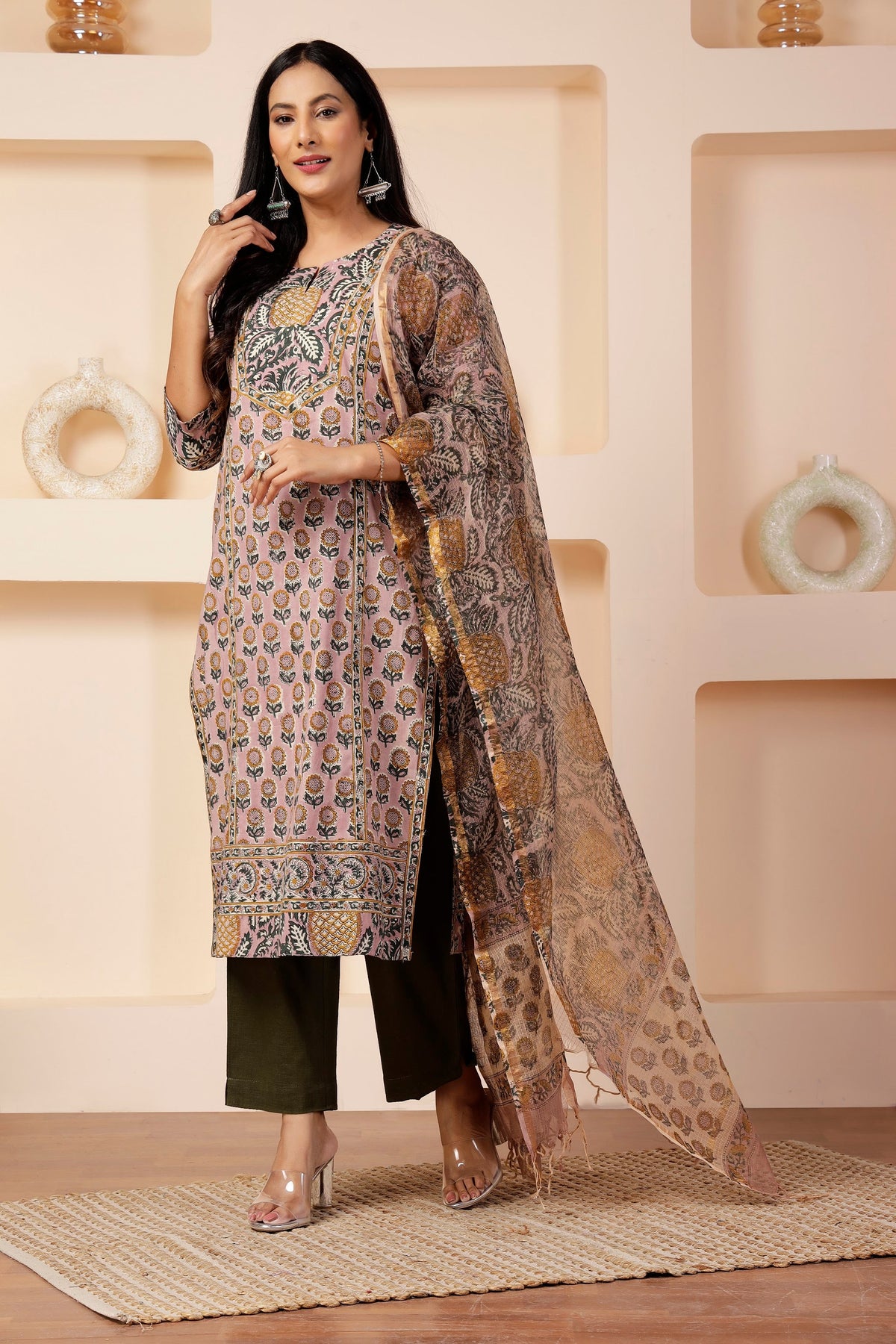 Sheer Cotton Kota Doria Dupatta in Mauve & Pineapple Prints