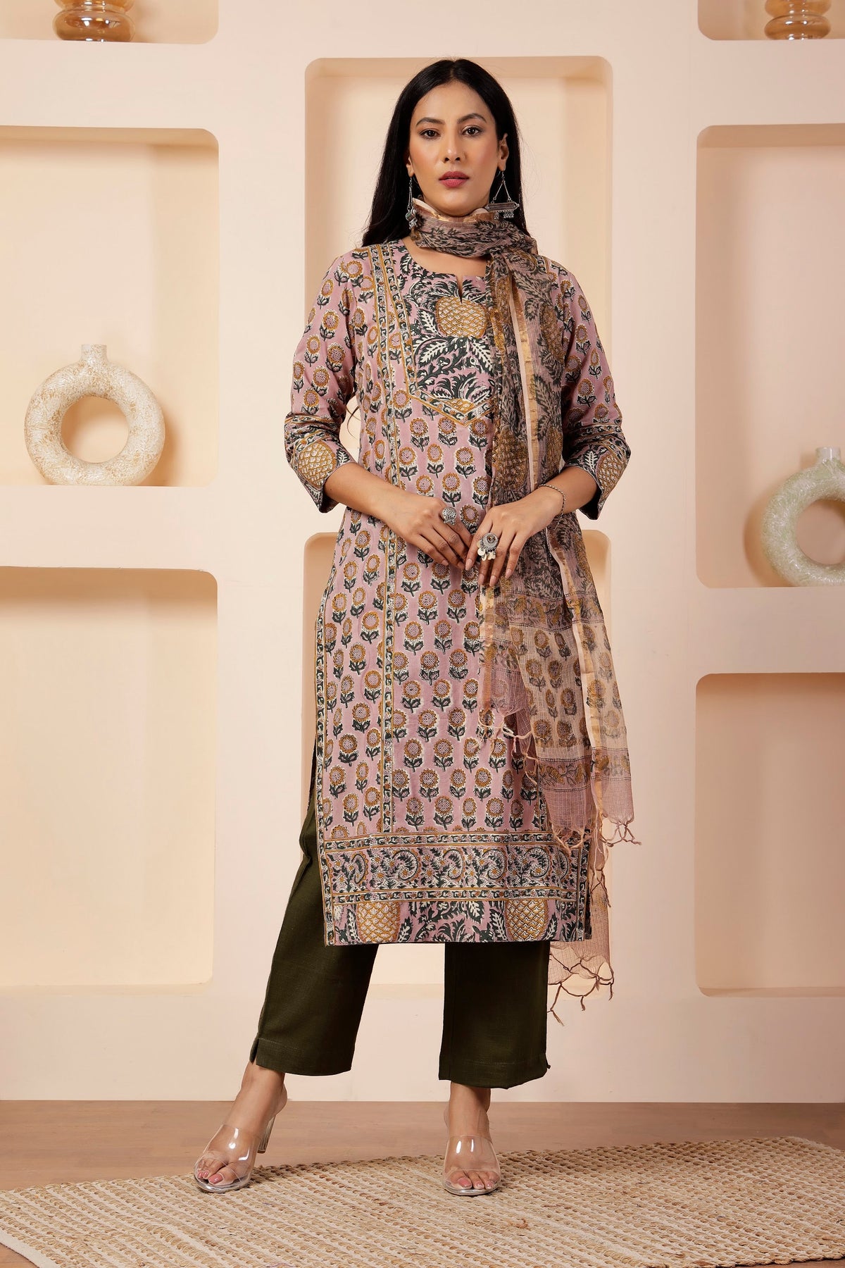 Sheer Cotton Kota Doria Dupatta in Mauve & Pineapple Prints