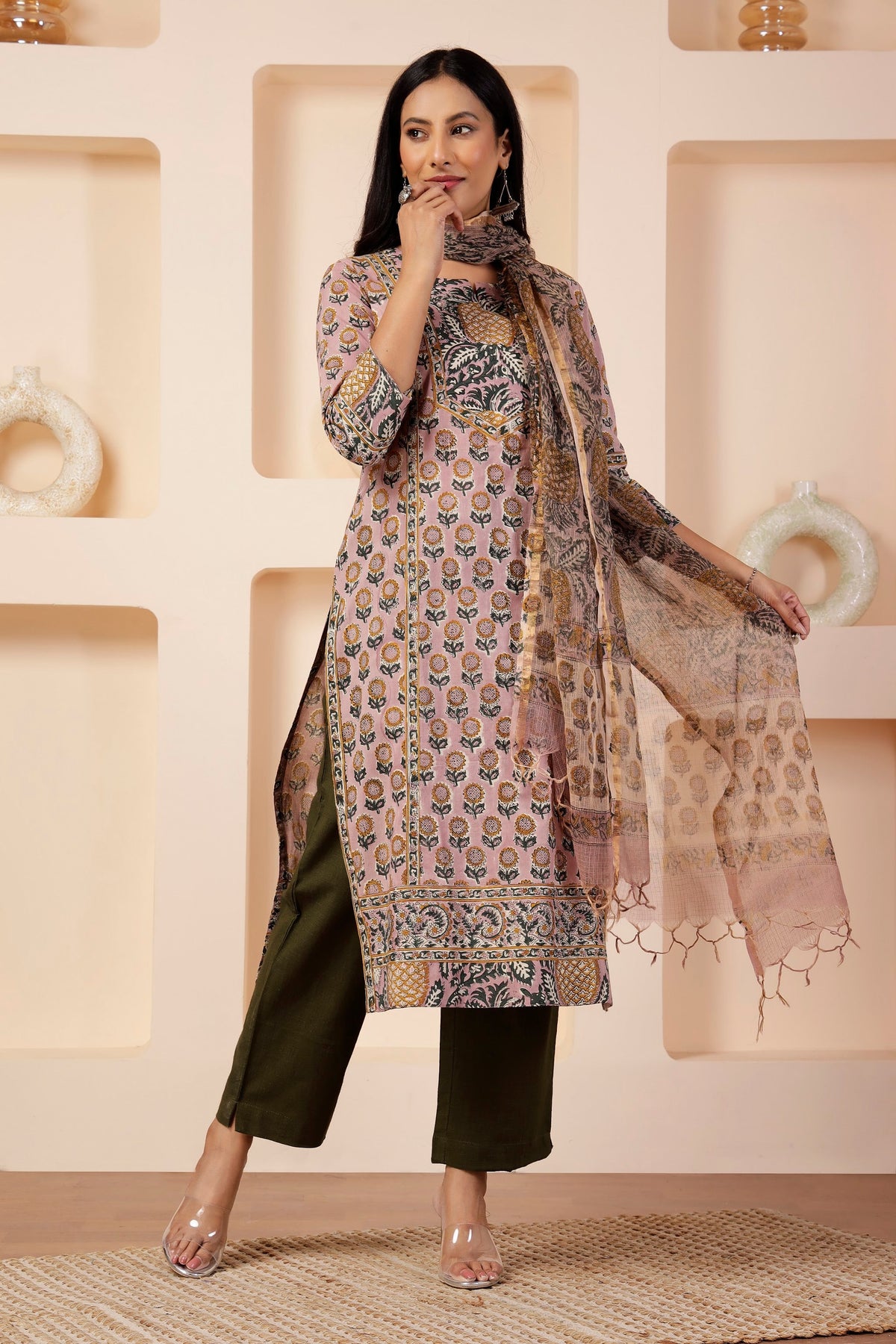 Sanganeri Hand-Block Print 3-Piece Suit Set in Mauve Pink