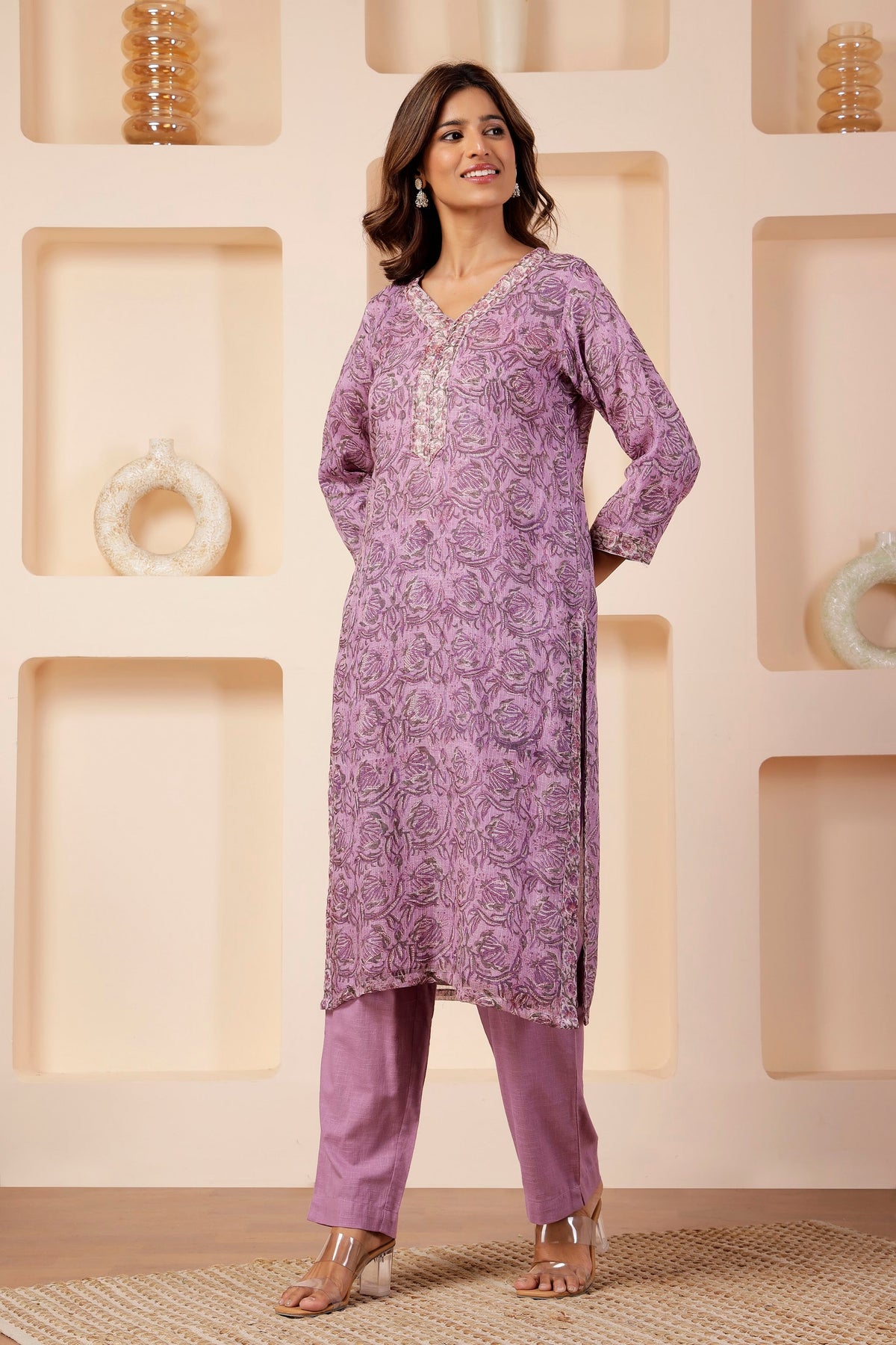 Lavender Floral Booti Kota Cotton Kurta with Sequin Placket