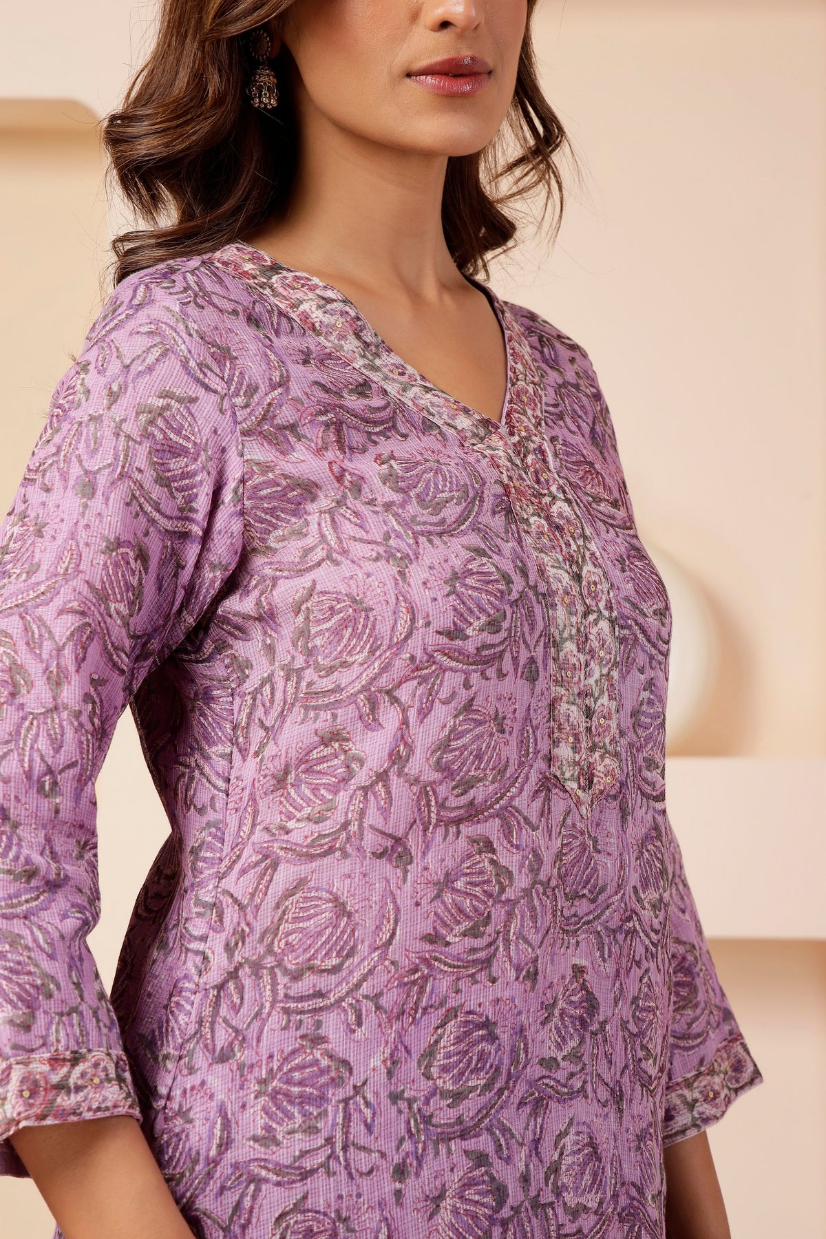 Lavender Floral Booti Kota Cotton Kurta with Sequin Placket