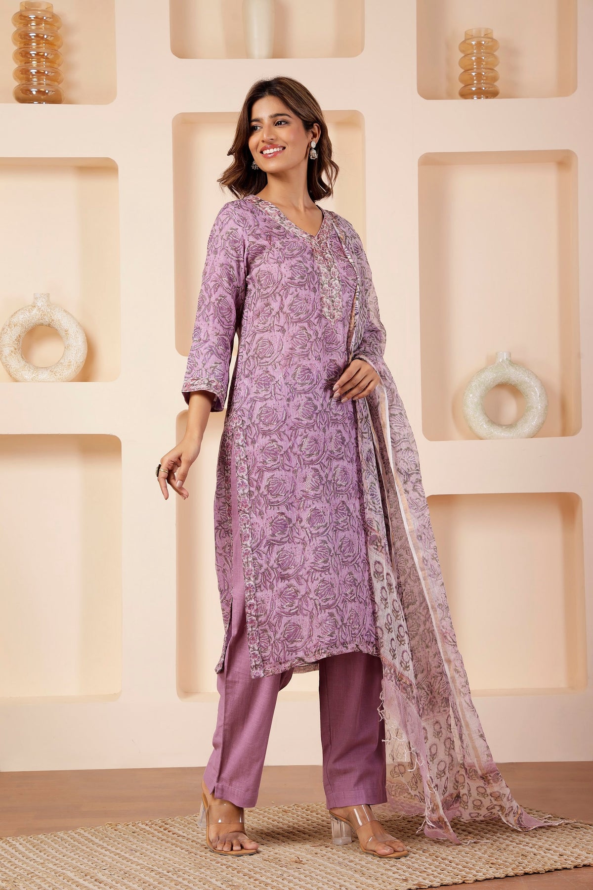 Sanganeri Hand-Block Print 3-Piece Suit Set in Lavender-Mauve