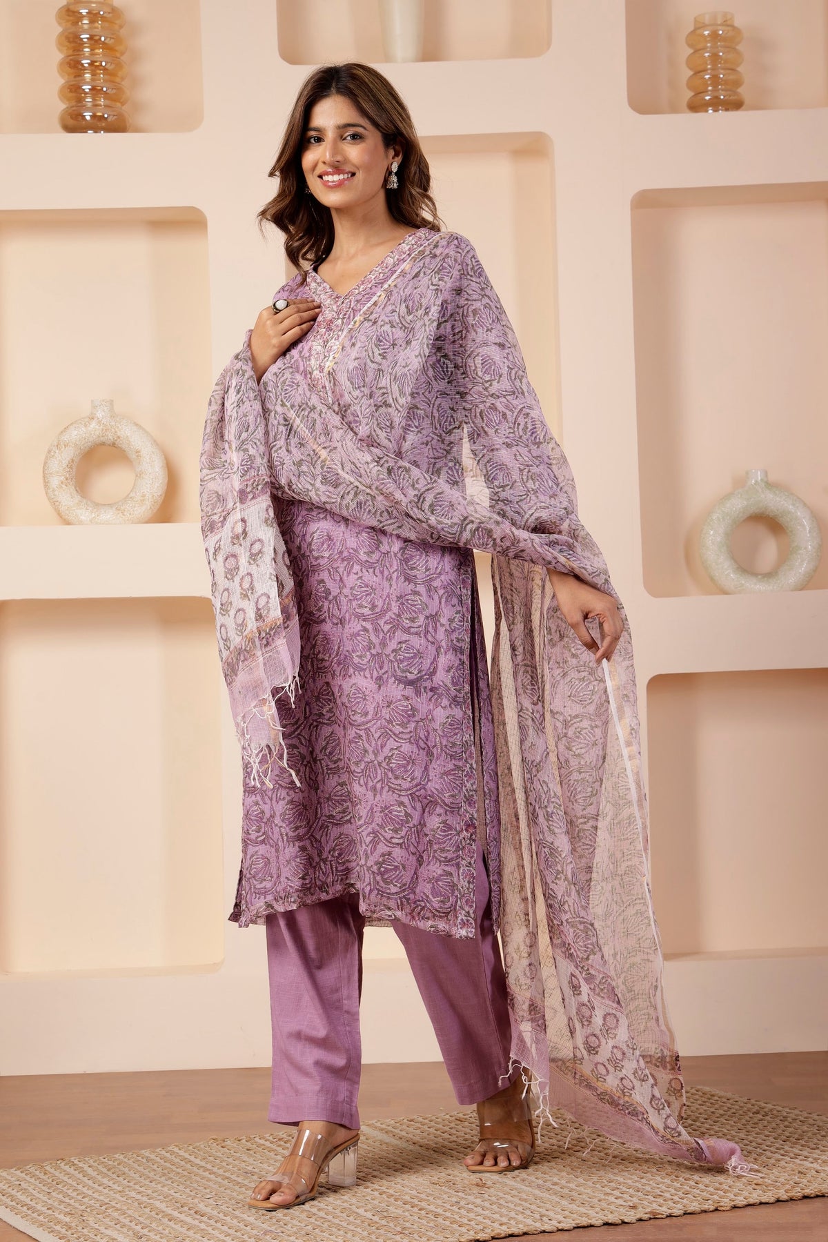 Sanganeri Hand-Block Print 3-Piece Suit Set in Lavender-Mauve
